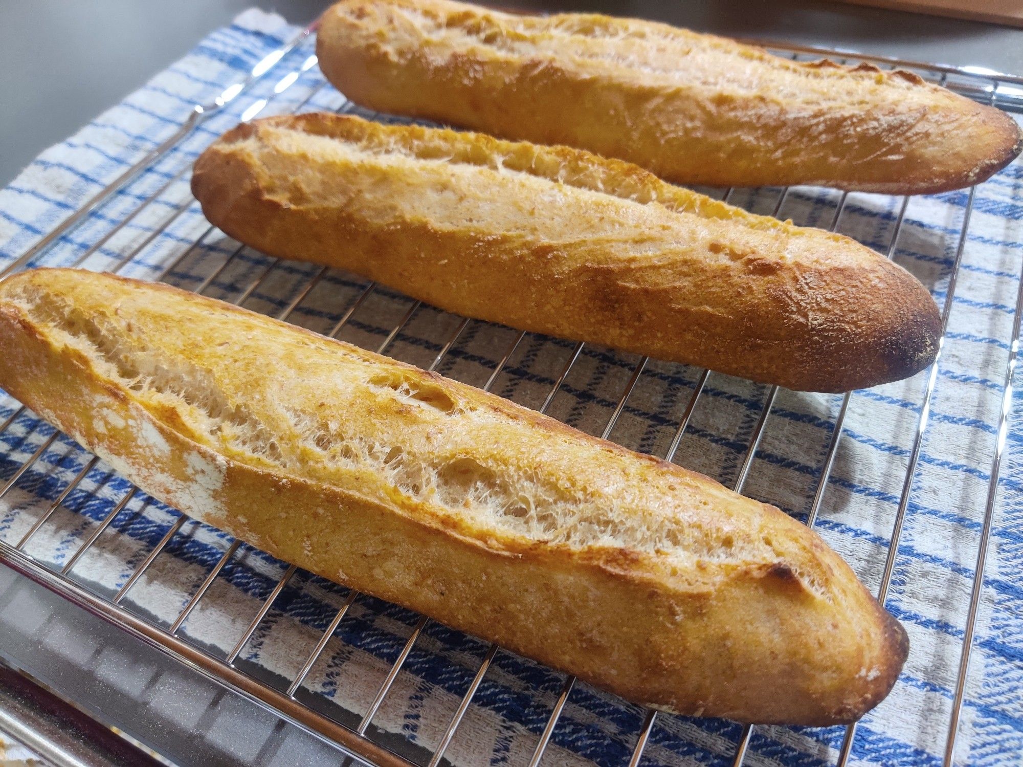 Sourdough baguettes, three quarter view