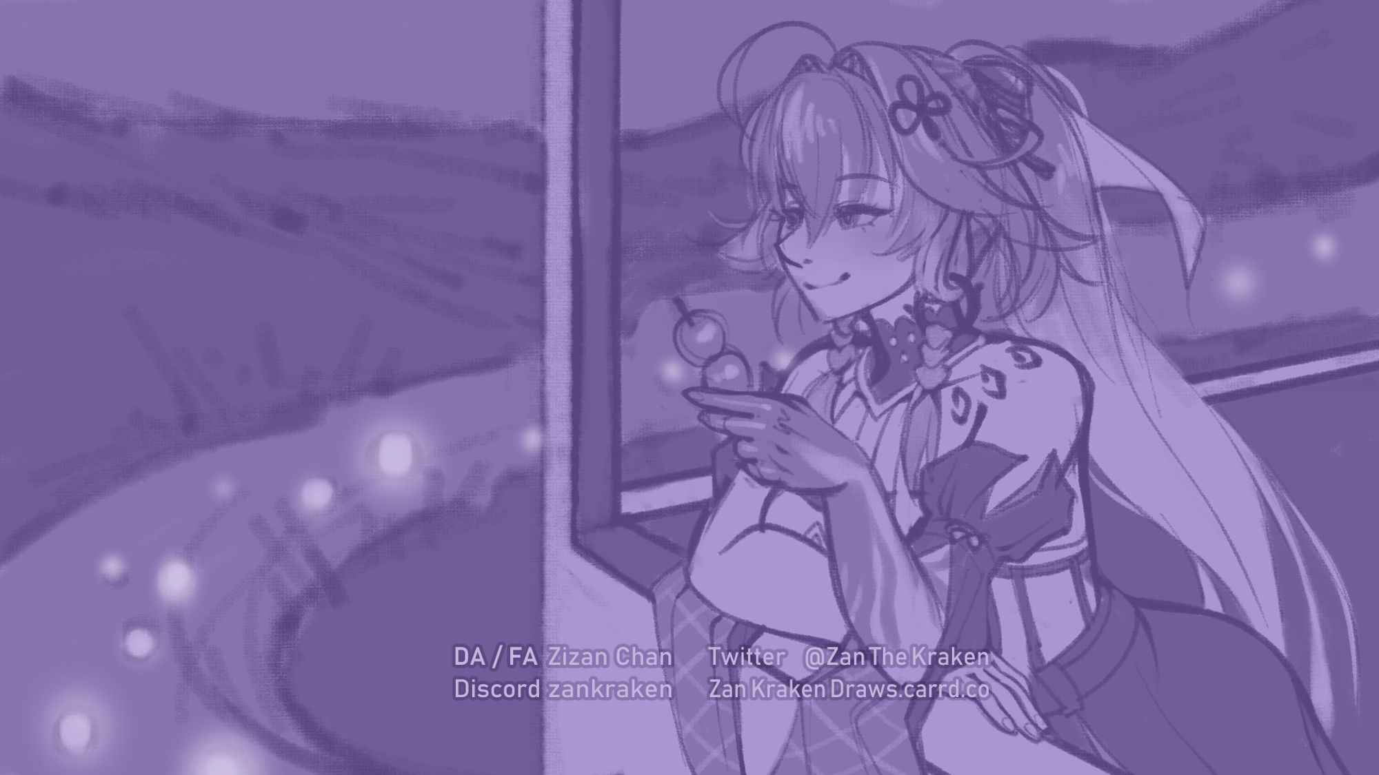 Fanart sketch of character Changli from the game Wuthering Waves, shes looking out into the distance smiling, with a snack in her hand.