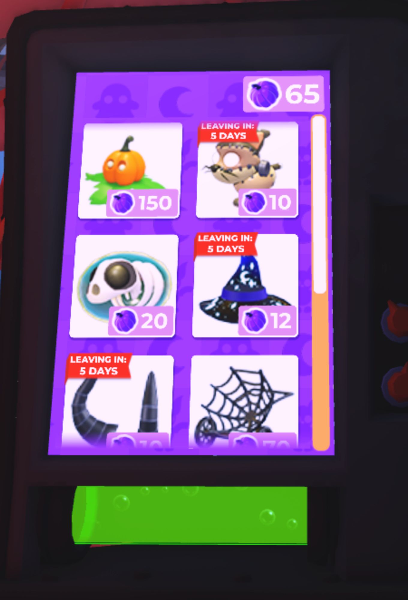 Adopt Me's Purple Pumpkin shop board which shows the items and pets you are able to buy in the 2024 halloween event with the Purple Pumpkins which are collectable on the map and in the tile minigame.