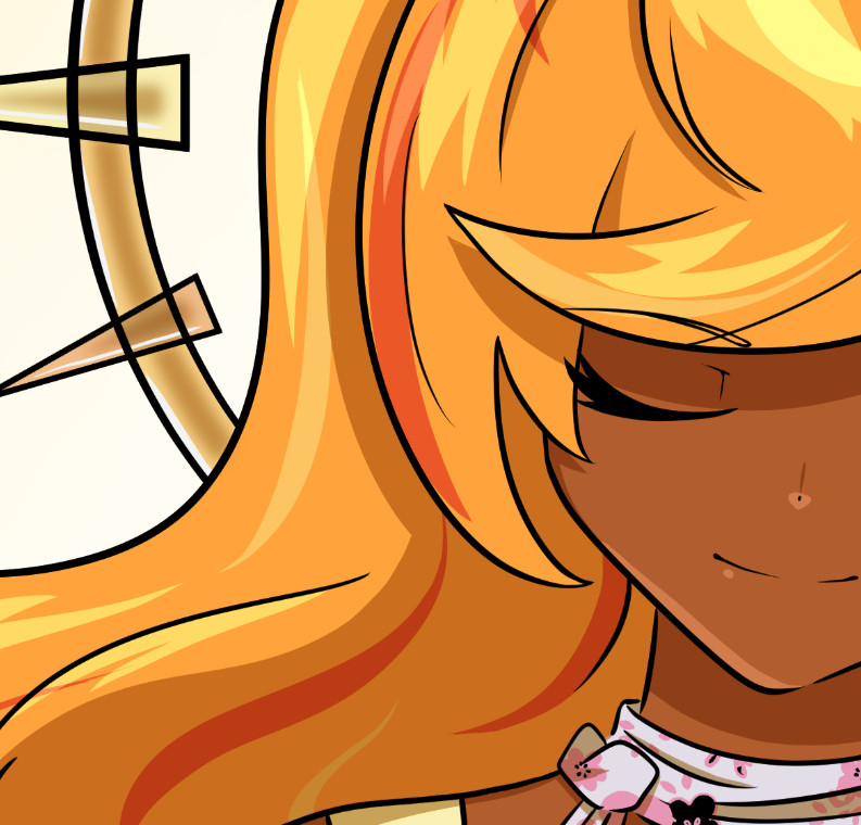 A preview of half a face. She has brown skin and long orange hair with red and yellow highlights.