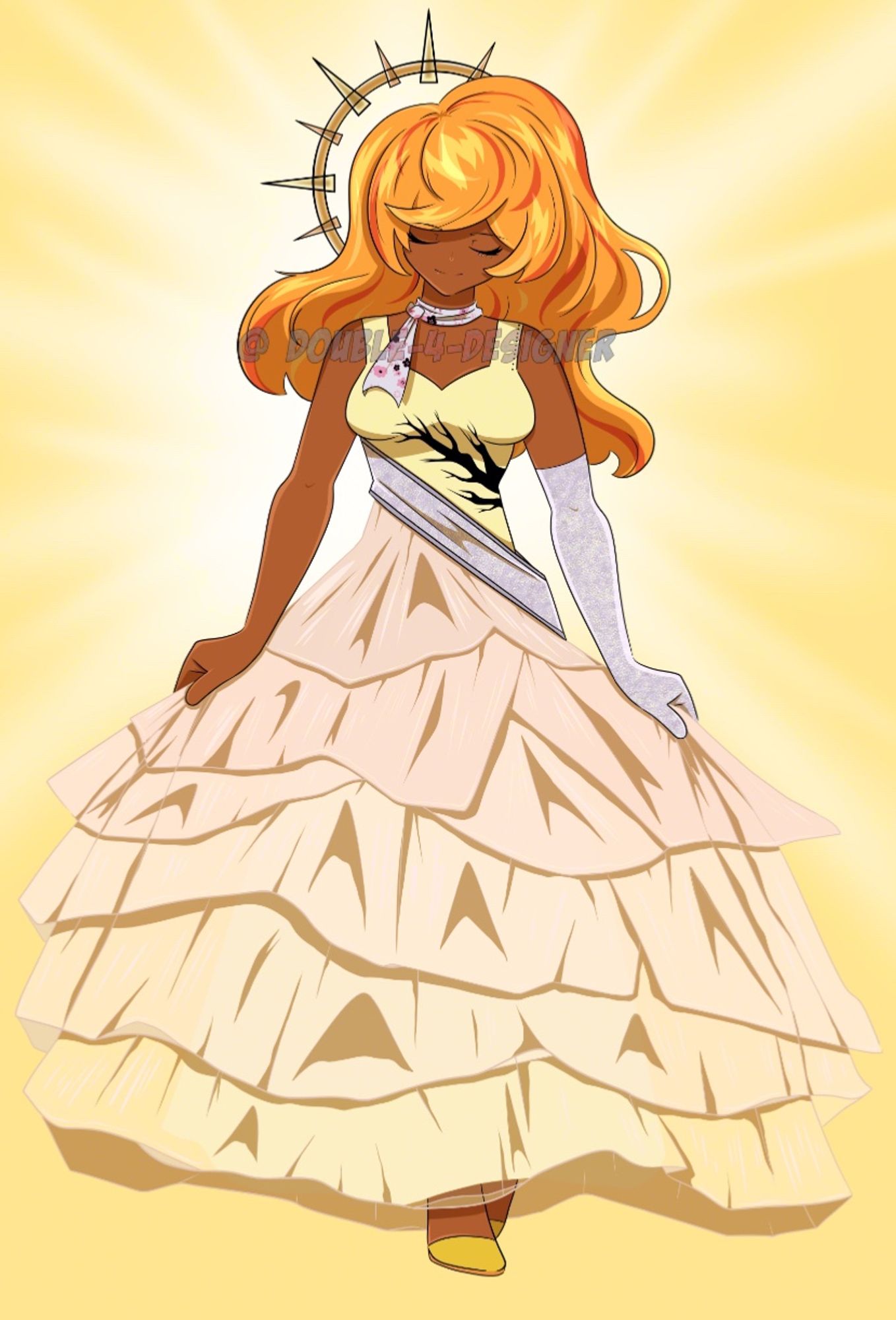 An original female character. She has long wavy orange hair. A long yellow dress with the bottom half made out of tulle. She had 1 long shiny white glove on her right arm. She is wearing a flower scarf. The background is yellow with a glow around her head.