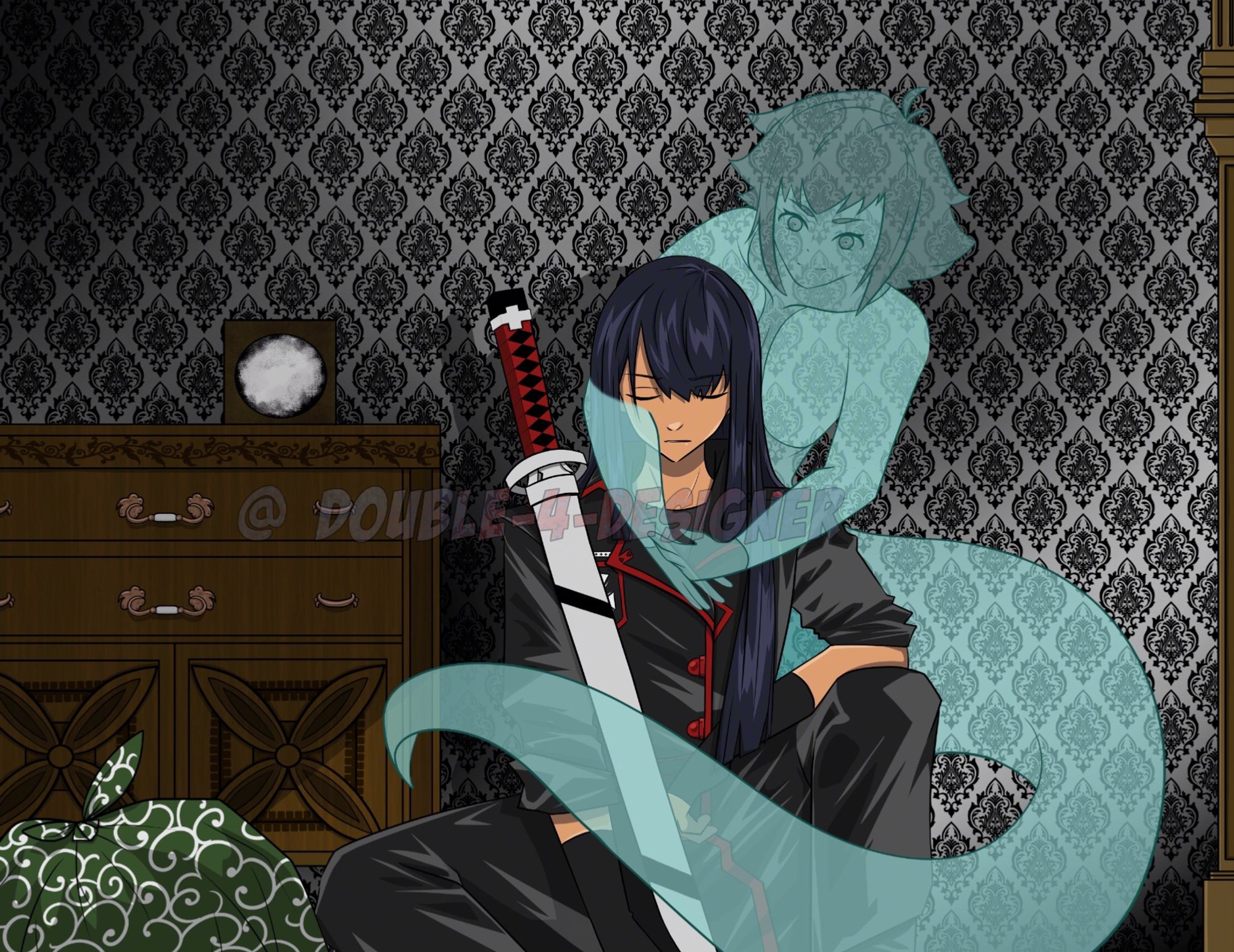 Kanda, from D. Gray-Man, sleeping against a wall next to a dresser with a bag in front of it. Alma, as a ghost, is wrapping his arms around Kanda.