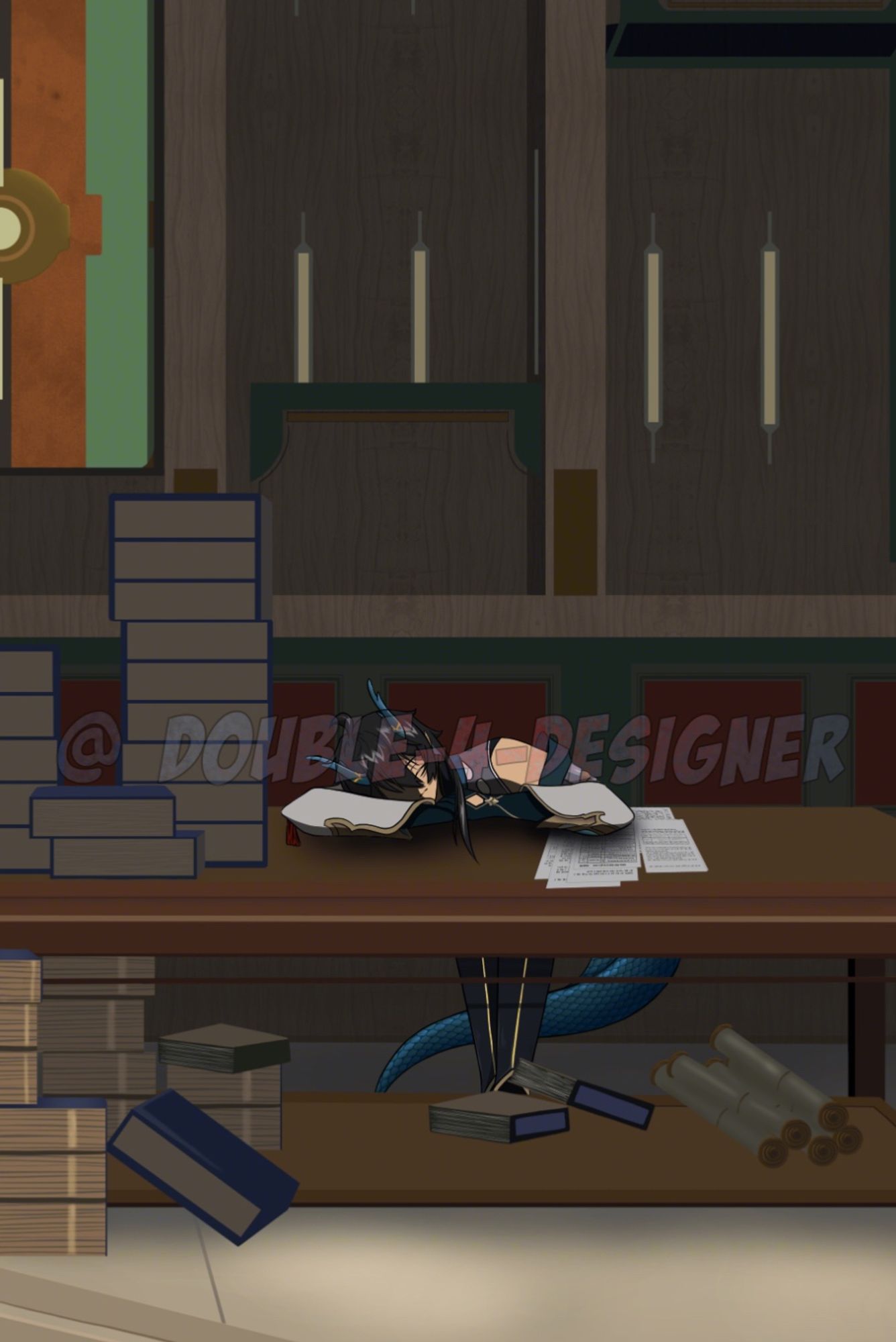 Inhibitor Lunea, from Honkai Star Rail, sleeping on a desk covered in books and paper.