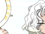 A zoomed in photo of someone with white hair and is holding a staff