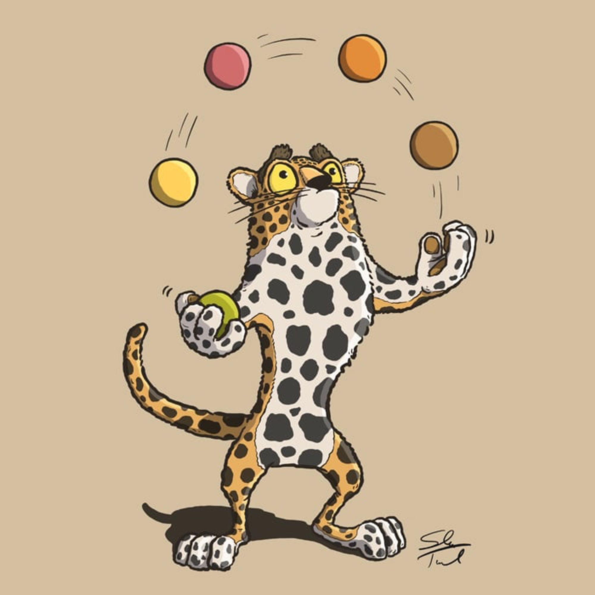 A cartoon illustration of a jaguar juggling