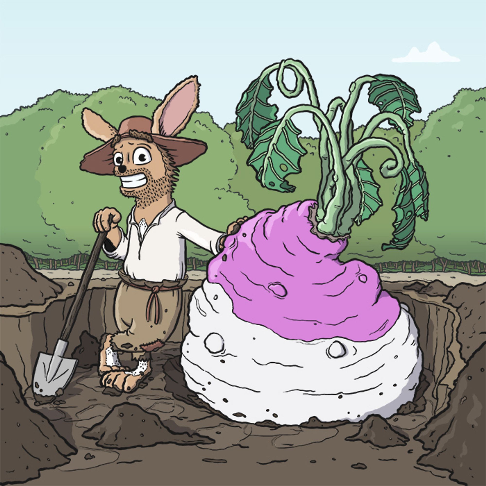 Front cover illustration for “Roland’s Turnip Experience”, the all-ages comic adaptation of “The Turnip” by the Brothers Grimm that I am currently working on.