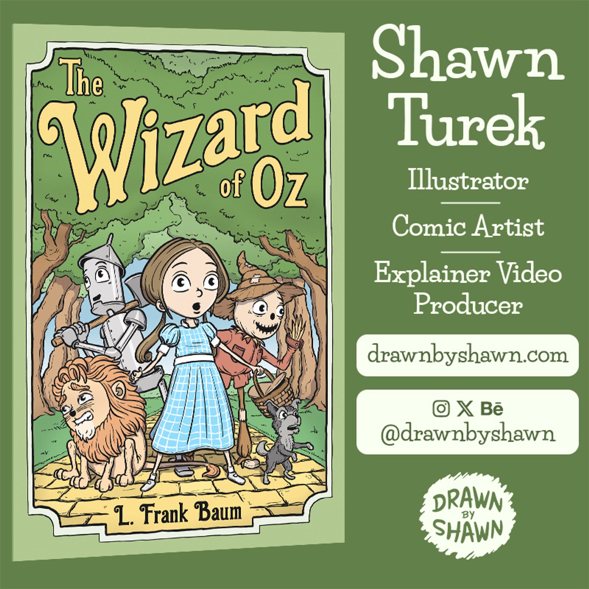 A book cover for “The Wizard of Oz” featuring a cartoon illustration Dorothy, the cowardly lion, the tin man, the scarecrow, and Toto.