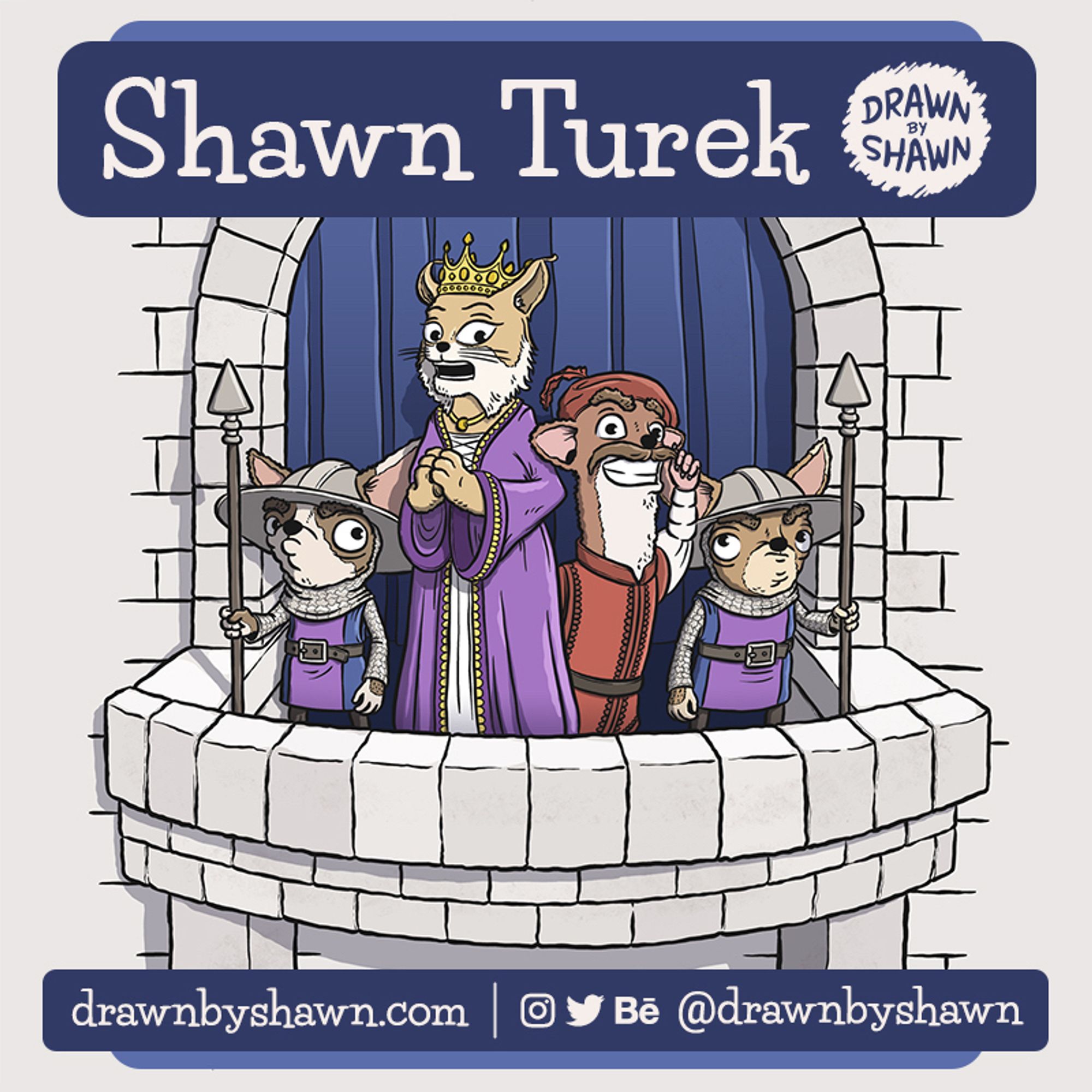 A cartoon illustration of characters from my all-ages comic adaptation of “The Turnip” by the Brothers Grimm called “Roland’s Turnip Experience”. Queen Annabel, Lord Cecil, and two guards stand on a castle balcony.