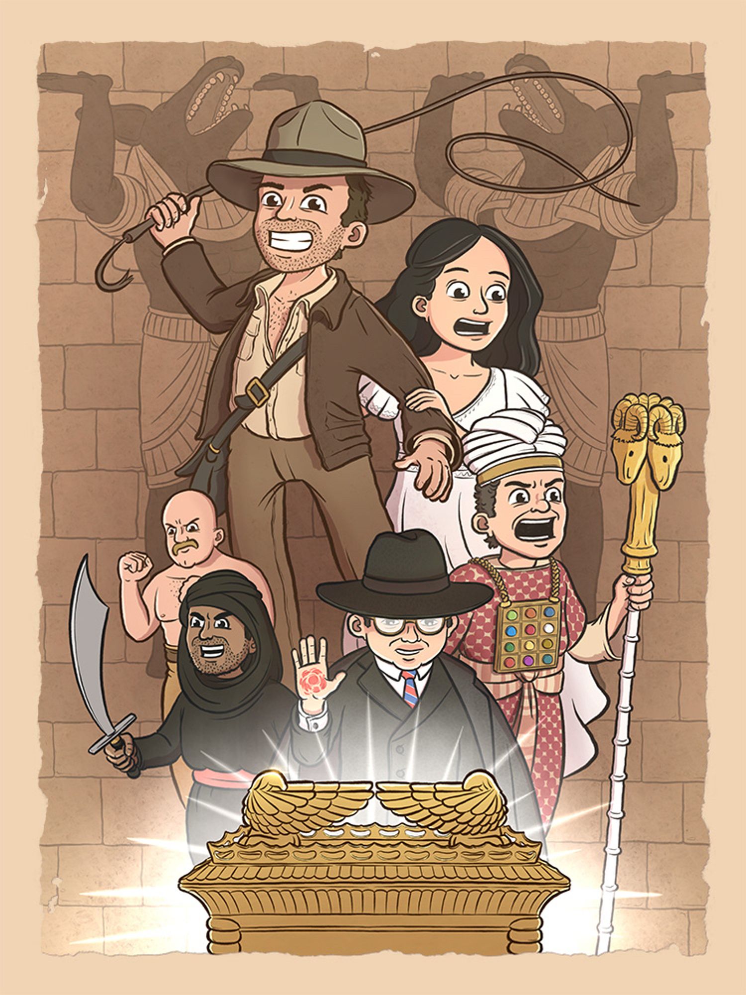 A cartoon illustration of a poster for “Raiders of the Lost Ark”.