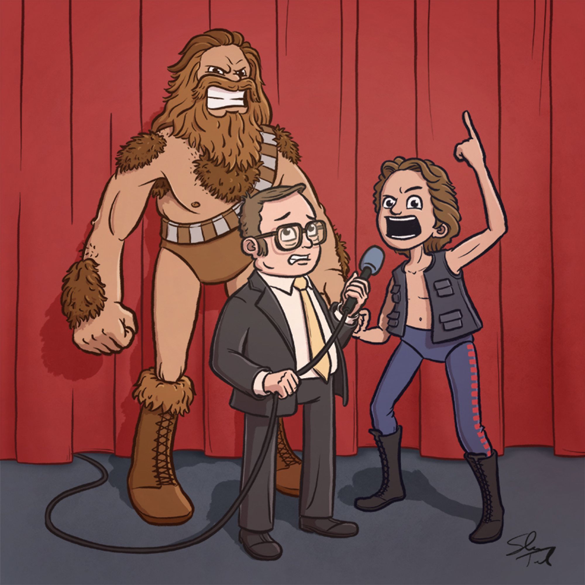 A cartoon illustration of Han Solo and Chewbacca re-imagined as professional wrestlers.