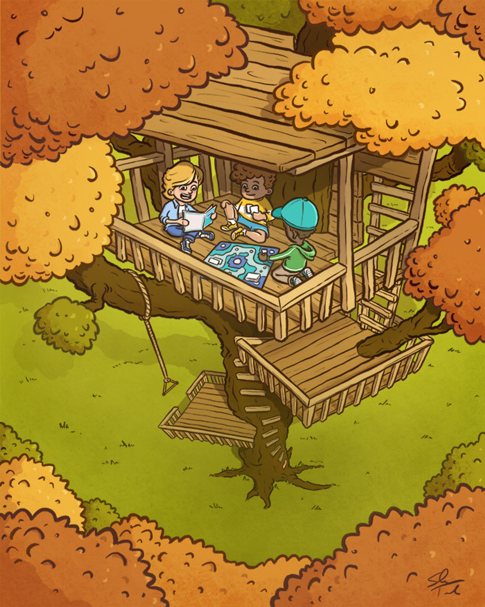 A cartoon illustration of three boys playing a board game in a tree fort.