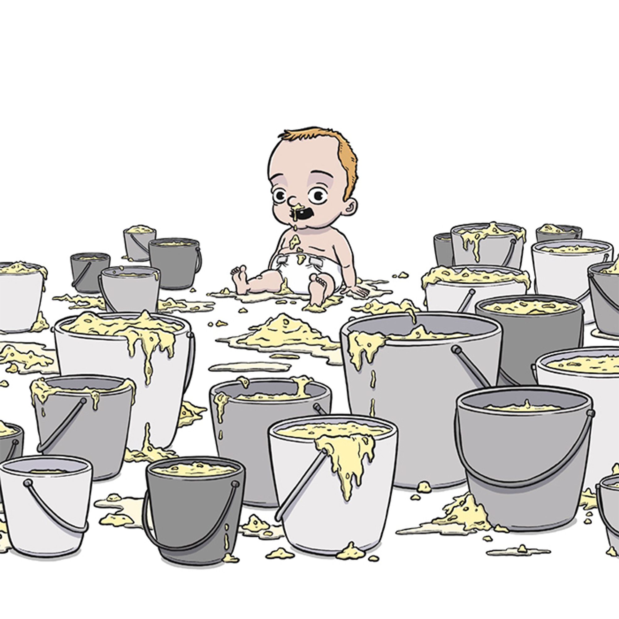 A cartoon illustration of a baby with snot running down his nose sitting among many buckets of baby snot, which is an image from a children’s book I illustrated titled “Not the Worst Thing Ever!: A Gross, Giggly Guide to Dealing with Diabetes”.