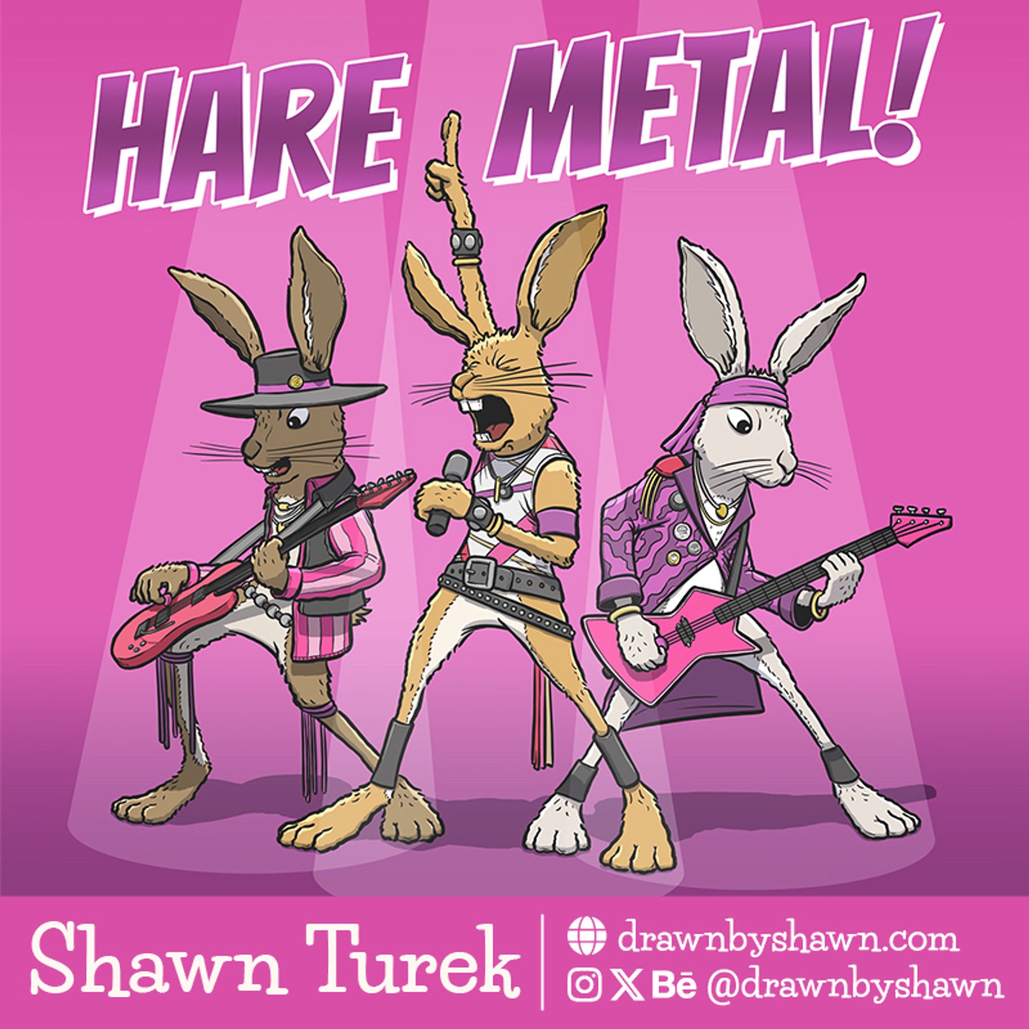 A cartoon illustration of a group of hares (rabbits) in a glam metal band rocking out.