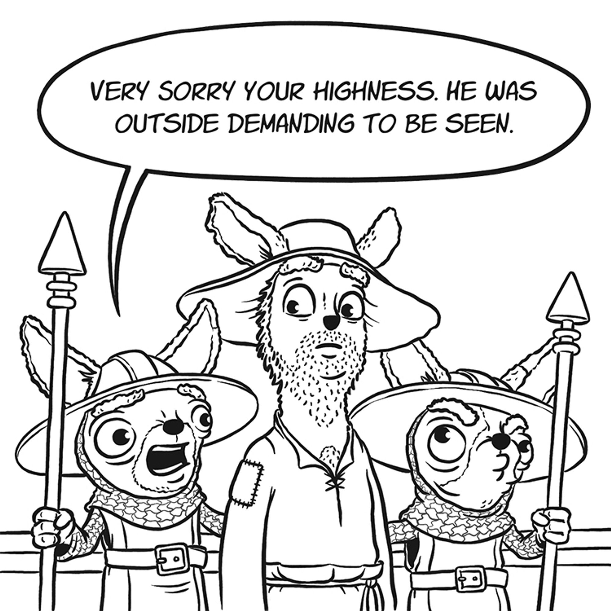 A panel from my all-ages comic adaptation of “The Turnip” by the Brothers Grimm titled “Roland’s Turnip Experience”. Two Chihuahua guard dogs are taking Roland the rabbit to meet the queen.