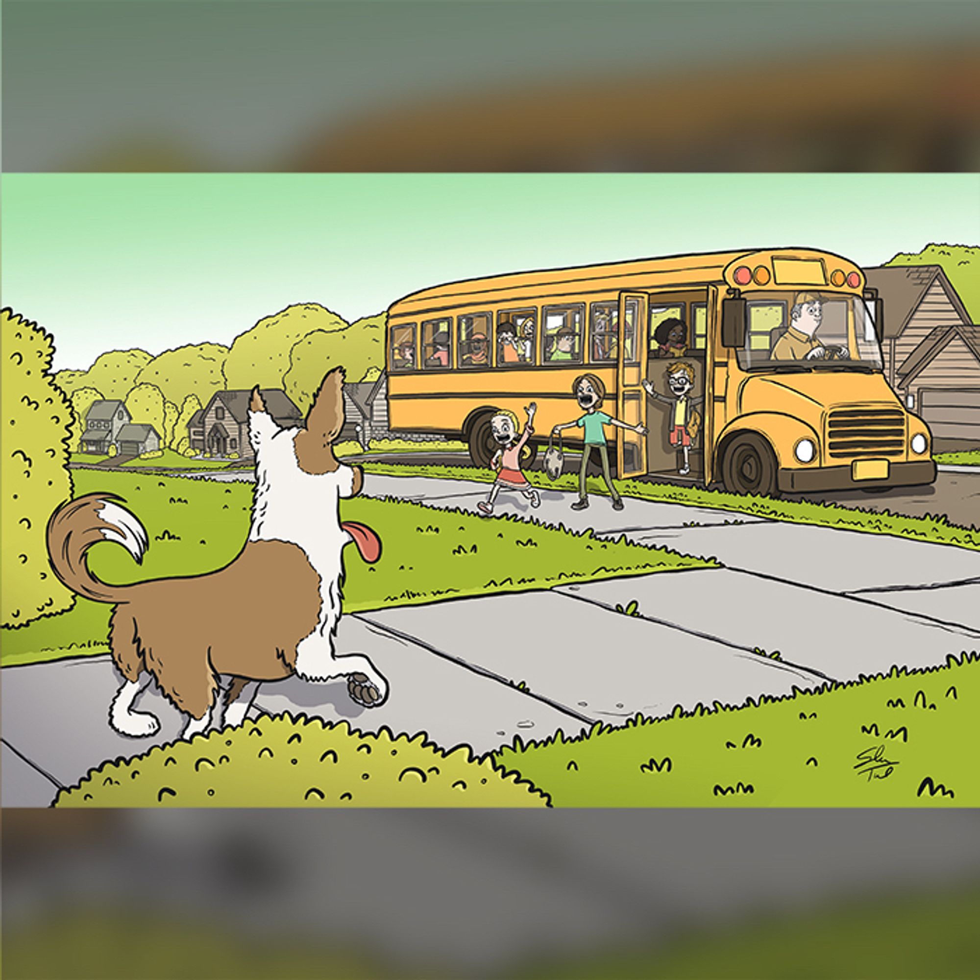 A cartoon illustration of a dog greeting his humans as they get off of the school bus at the end of the day.