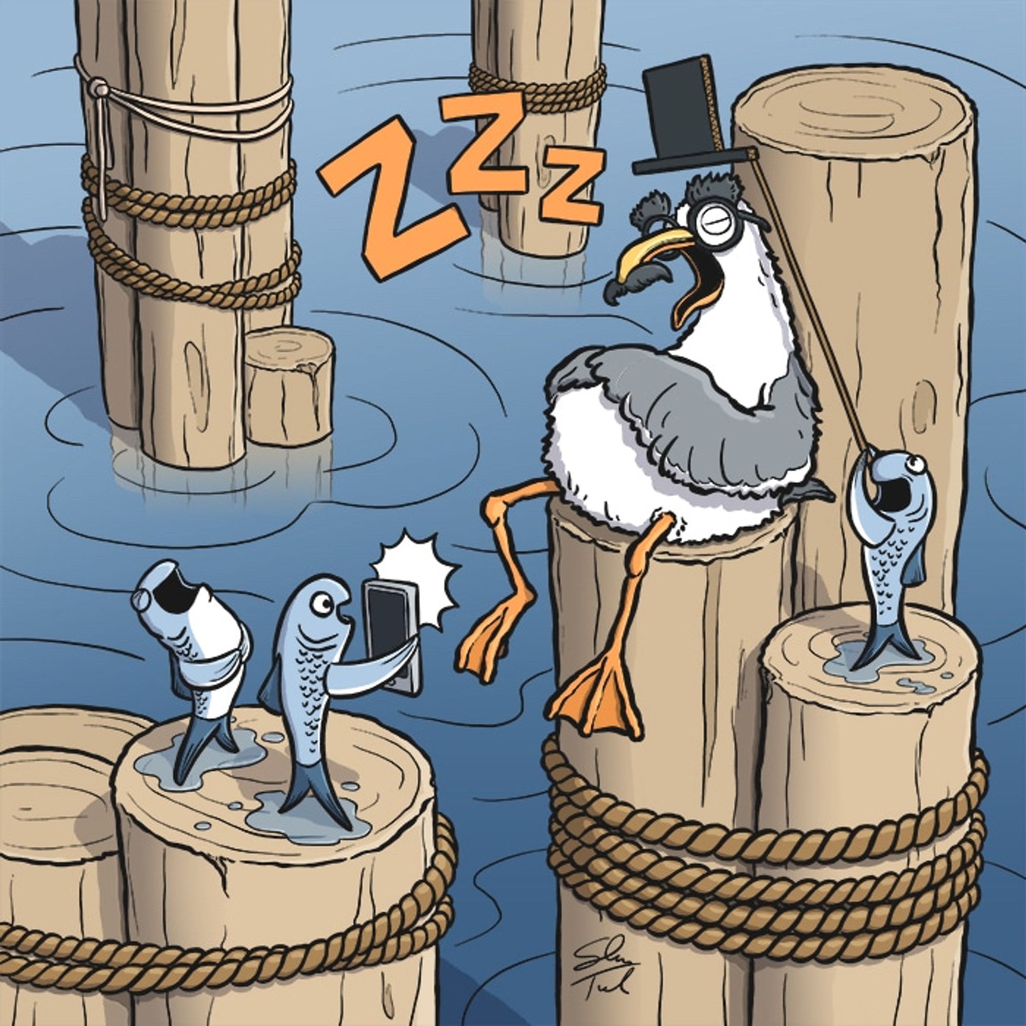 A cartoon illustration of fish playing a prank on a sleeping seagull.