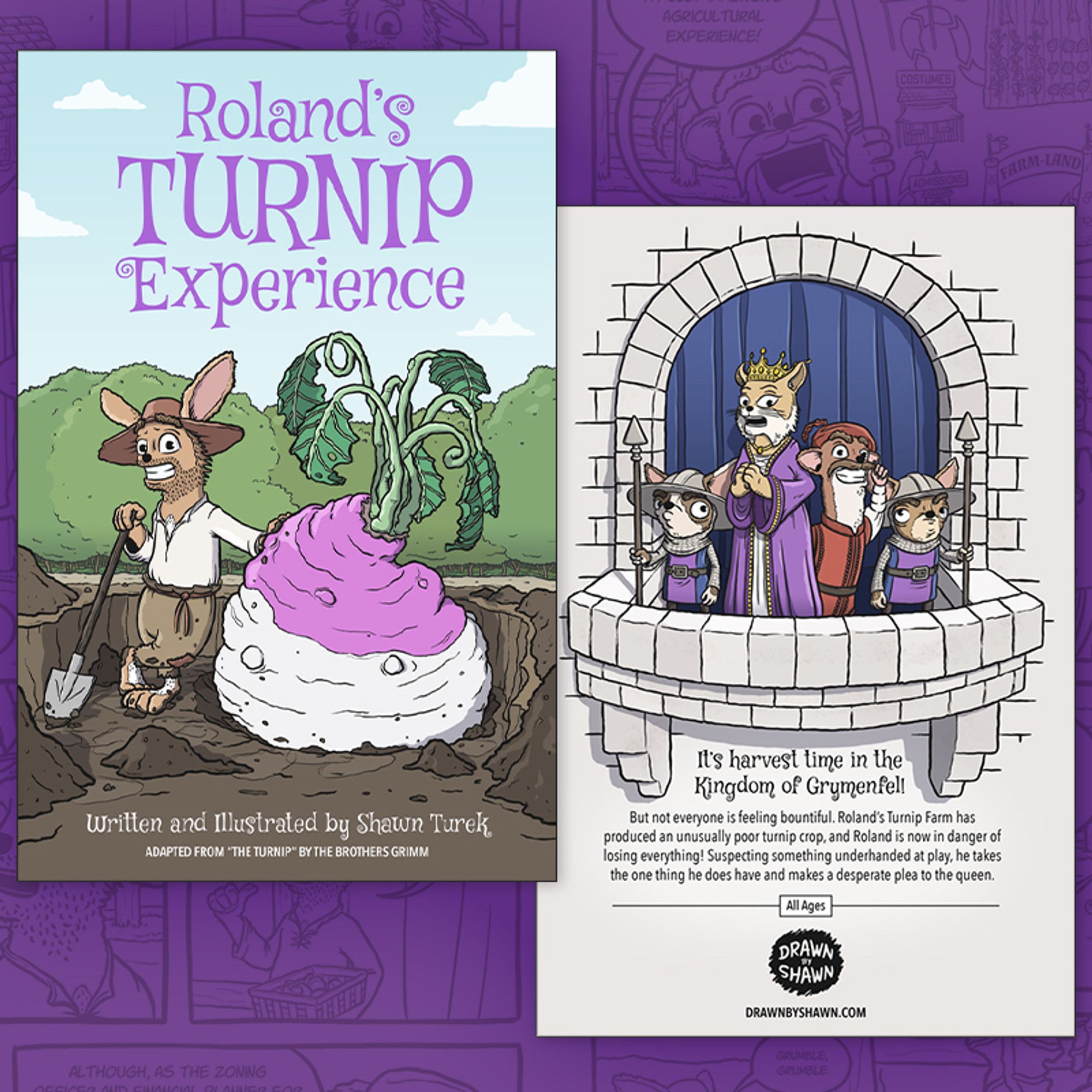 The latest front and back cover artwork for “Roland’s Turnip Experience”, my all-ages comic adaptation of “The Turnip” by the Brothers Grimm