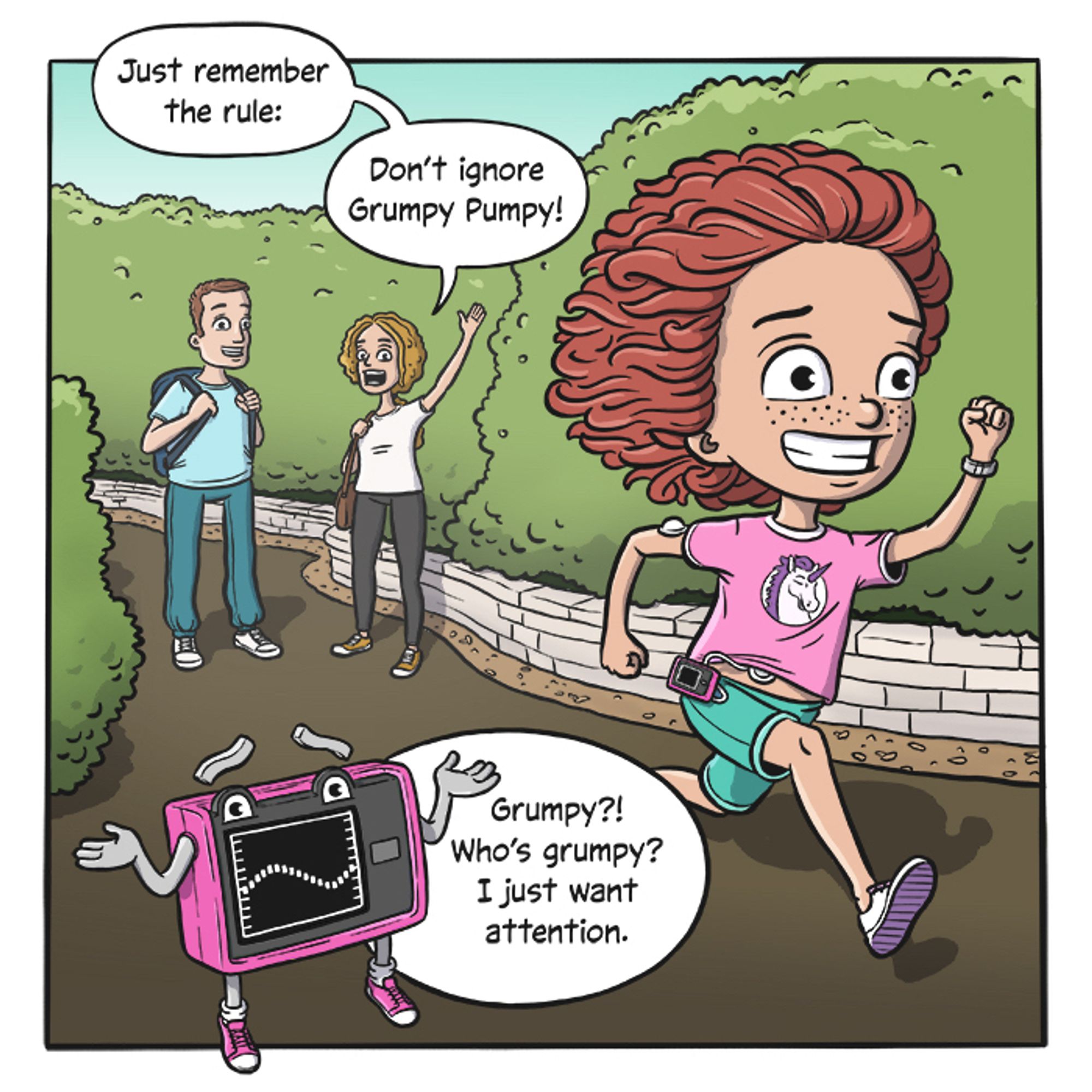 A preview image from an upcoming children’s book I am illustrating titled “Don’t Ignore Grumpy Pumpy!: A Type-1 Diabetes Adventure in Avoiding Alarm Fatigue” where a girl is running to a playground while her parents look on in the background and an anthropomorphic insulin pump is in the foreground.