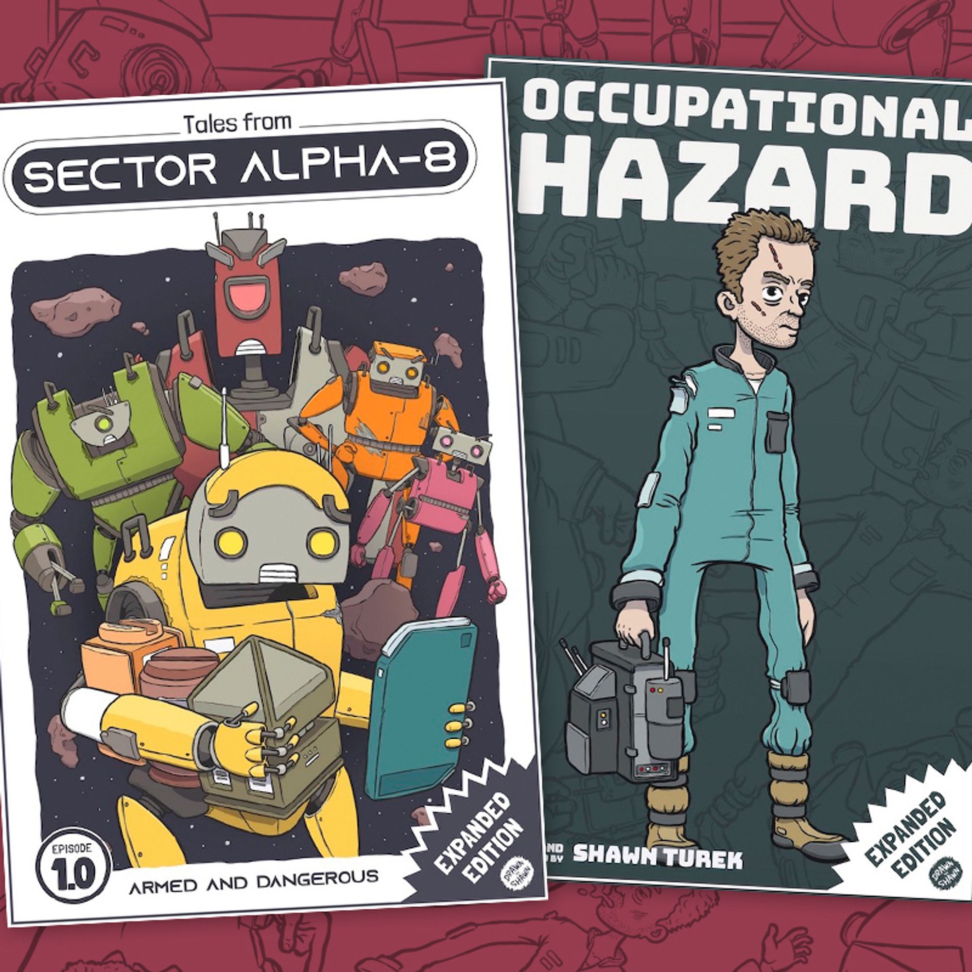 Covers for my two comics “Tales from Sector Alpha-8” and “Occupational Hazard”.