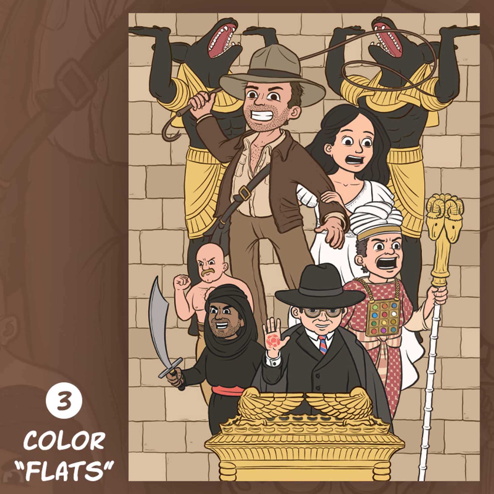 Color “flats” for a poster for “Raiders of the Lost Ark”.