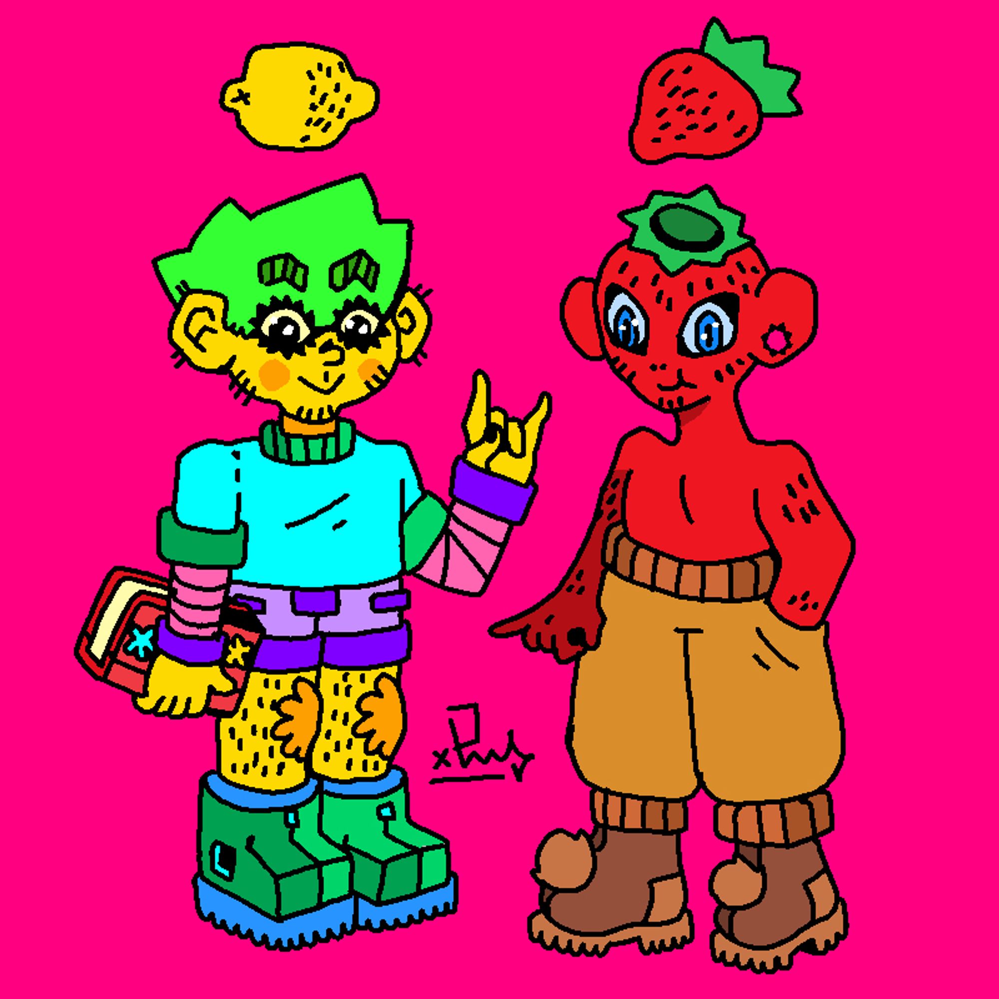 lemon and strawberry best friends , lemon friend has green hair and eyebrows , he is wearing a cyan/green t-shirt on a pink/purple long-sleeved shirt , purple shorts and green boots with blue soles , he's got hairy legs and is holding a red sketchbook decorated with some colored stars stickers , strawberry friend has blue eyes and an eight-pointed star shaped green haircut , his ear is pierced in the same star shape , he is wearing brown comfy pants and brown winter boots with big brown pompons on them , they are both smiling and doing cool hand signs , above their heads are a lemon and a strawberry respectively