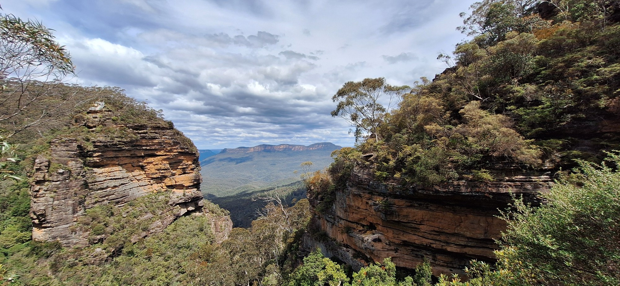 Katoomba, Blue Mountains, New South Wales, Australia:
rocks, cliffs with green vegatation left and right, narrow canyon between, cloudy sky above