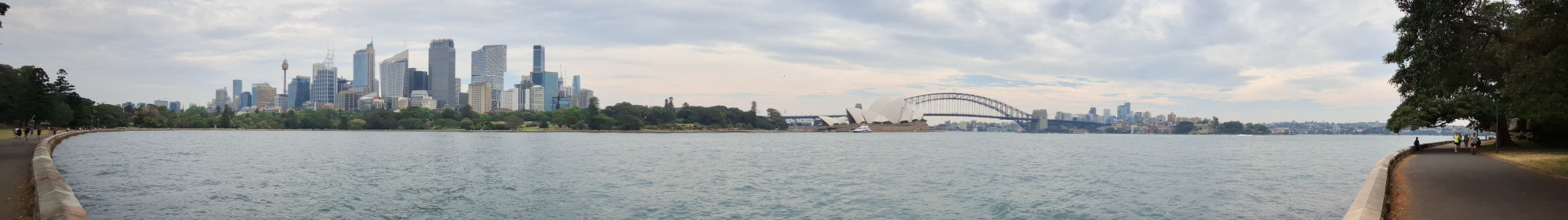 Panorama of Sydney, Australia, seen from Botanical Garden / Fleet Steps:
skyline of the Central Business District to the left, Opera House and Harbour Bridge in the Center, North Sydney Skyline to the right, Water (one of the many Bays inof Sydney Harbour Area) in the front