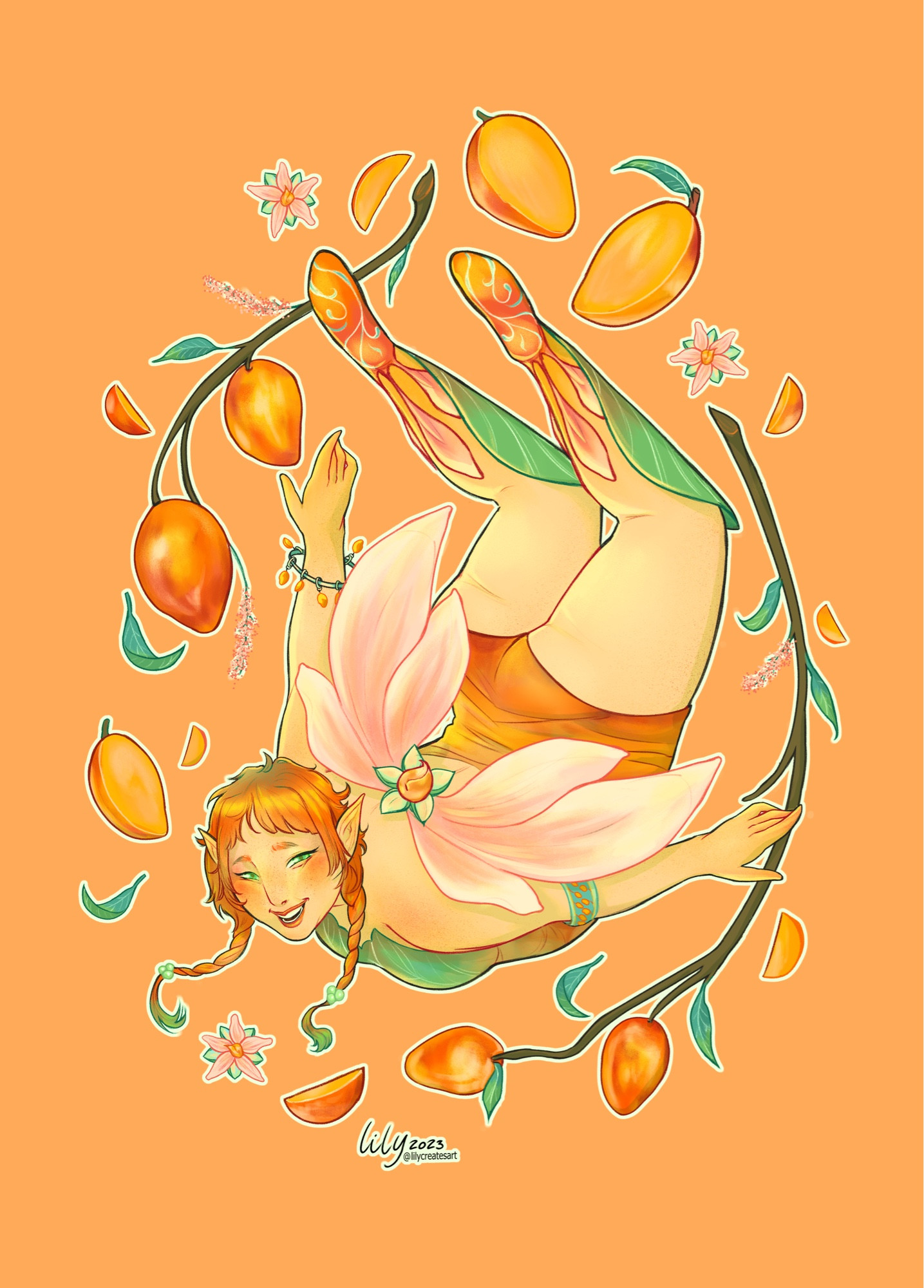 an orange fairy made to represent mangoes. Her wings look like blossom flower, she’s happy and chubby, very friendly looking, flying amongst lots of mangoes