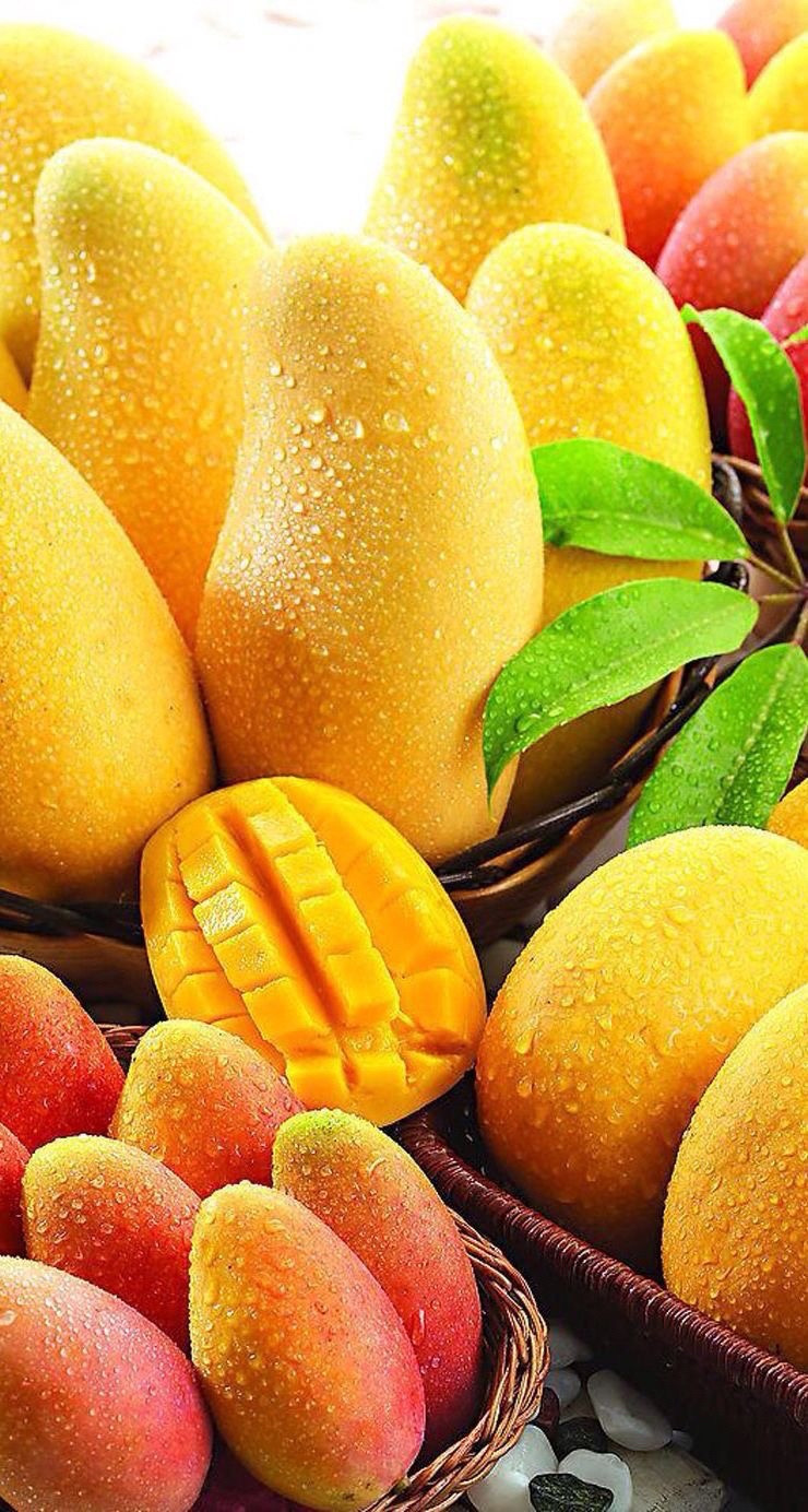 yellow and orange mangoes inside baskets. it looks freshly clean and very appetizing