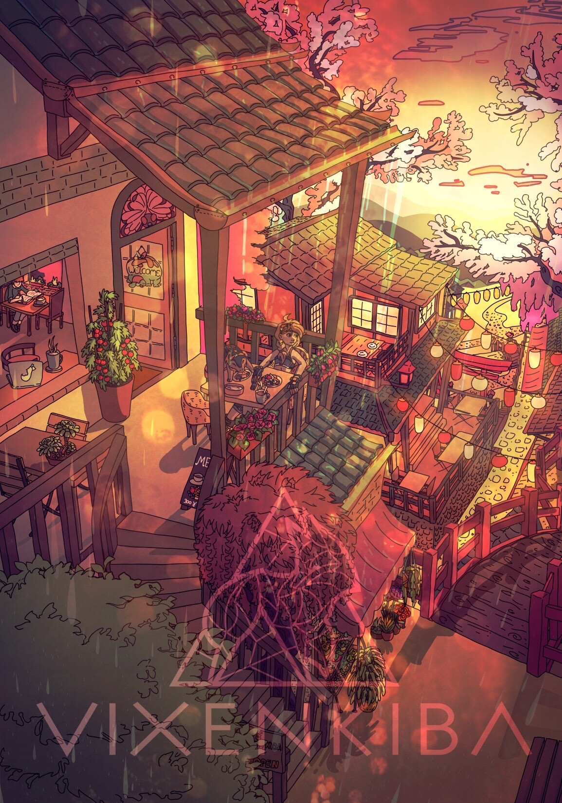 Scenery artwork based on Kyoto Japan, featuring stairs and bridges winding between cafes and shops.