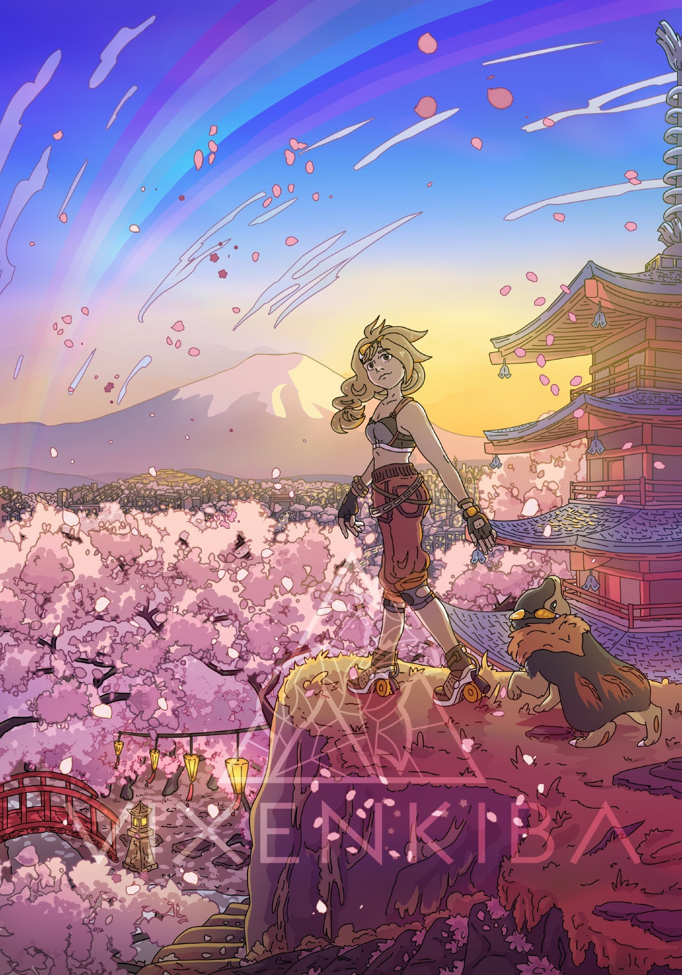 Scenery artwork depicting my OC Eclipse standing on a cliff, overlooking a cherry tree forest and shrine. A rainbow goes overhead and sakura blossom is blown through the sky.