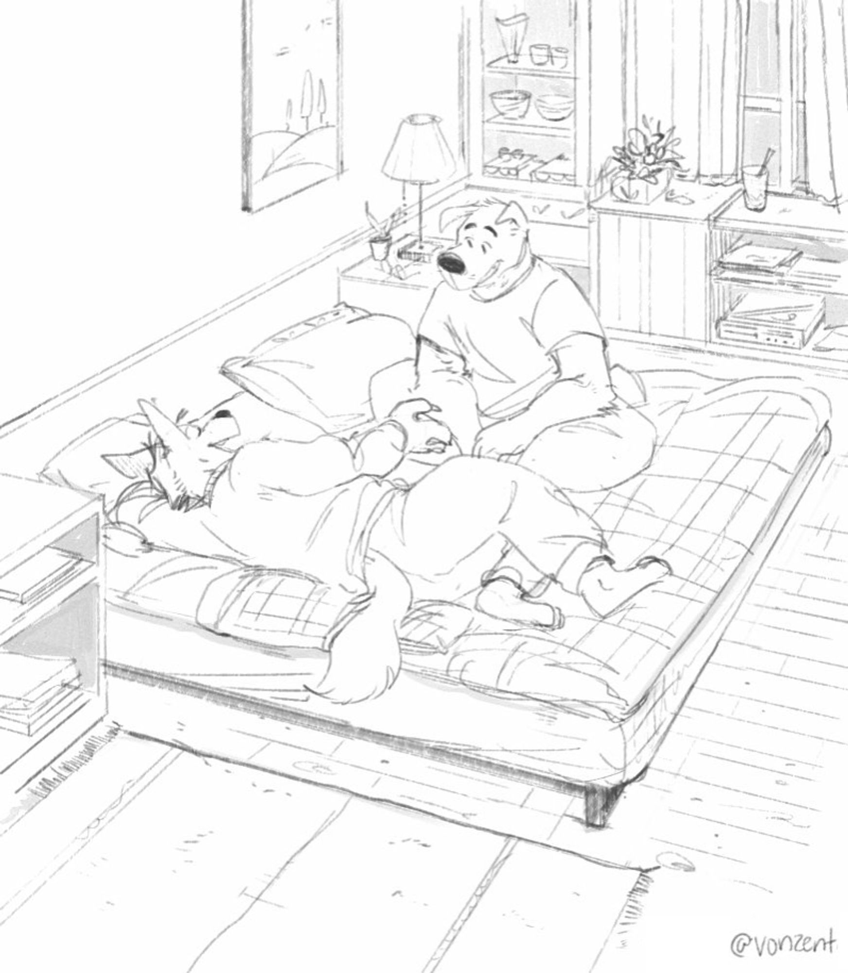 Two critters lounging on a bed, having a cozy conversation