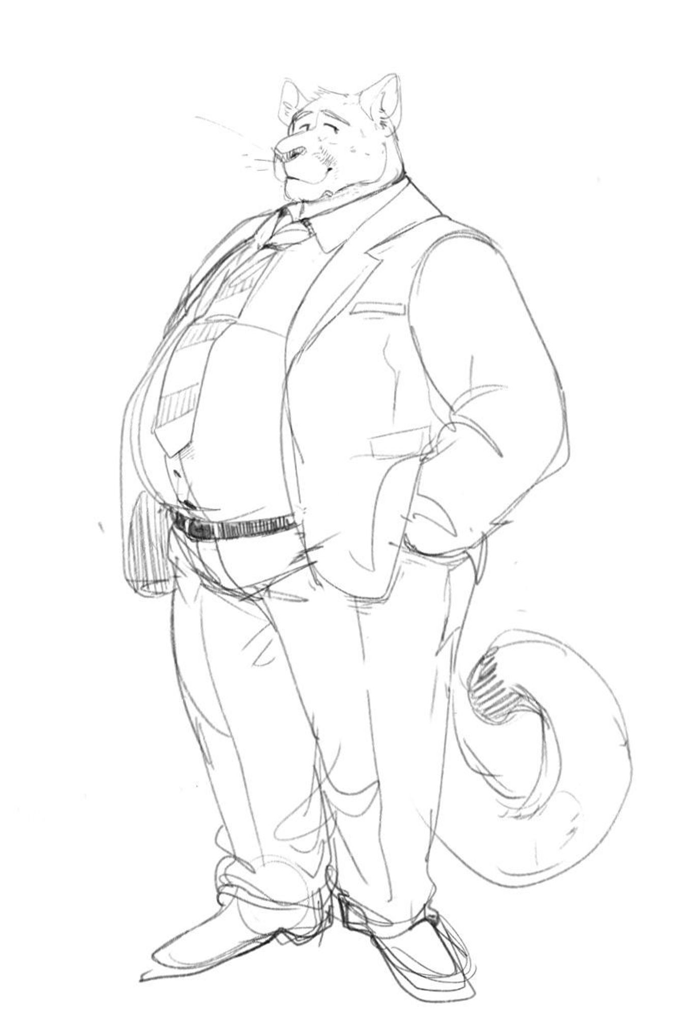 A anthropomorphic rotund mountain lion dressed up in business formal wear