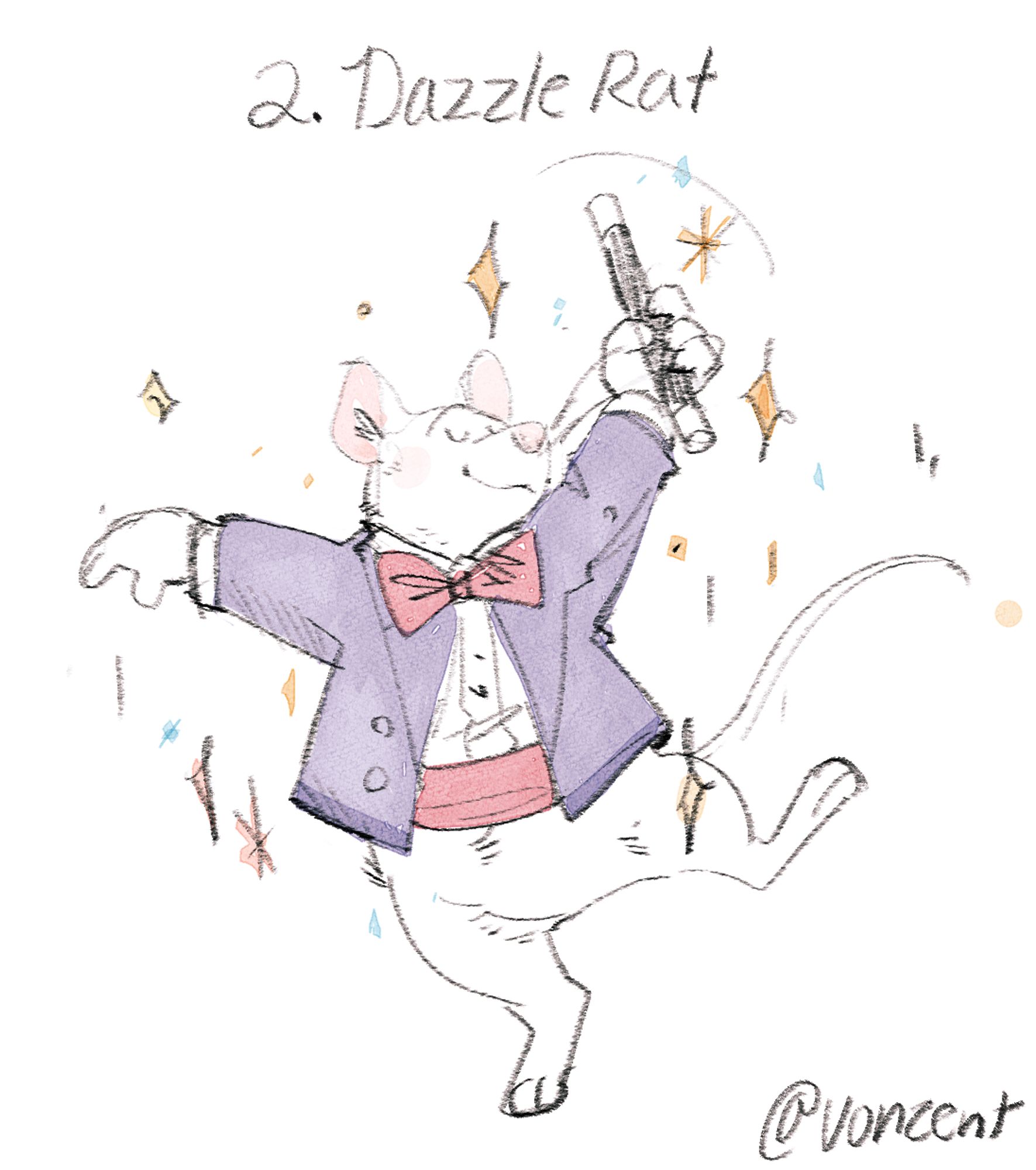 a rat dressed up in a tuxedo, dazzling the audience with sparkles and glitter magic