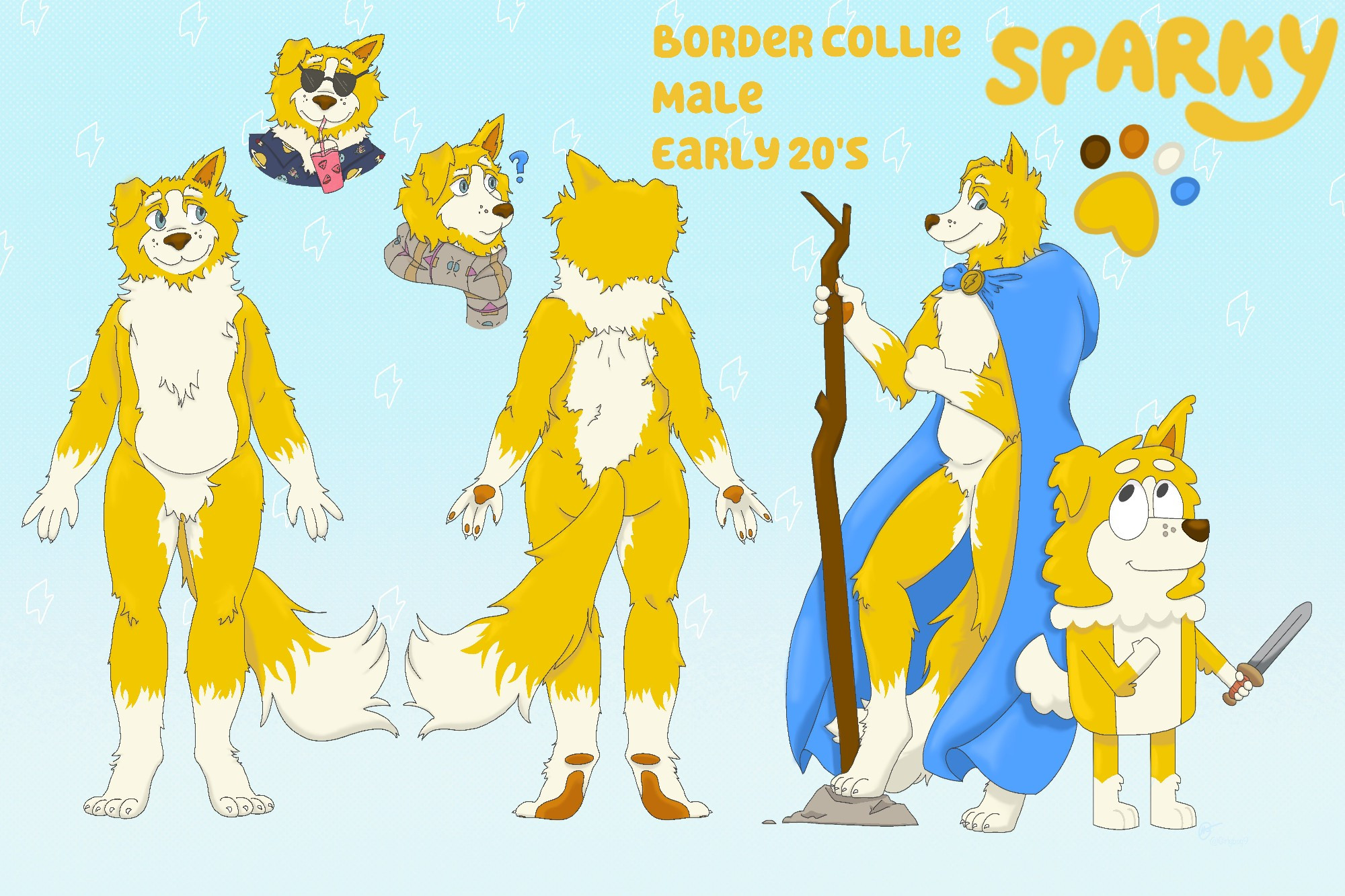 A reference sheet for Sparky, an anthropomorphic border collie with yellow fur. 