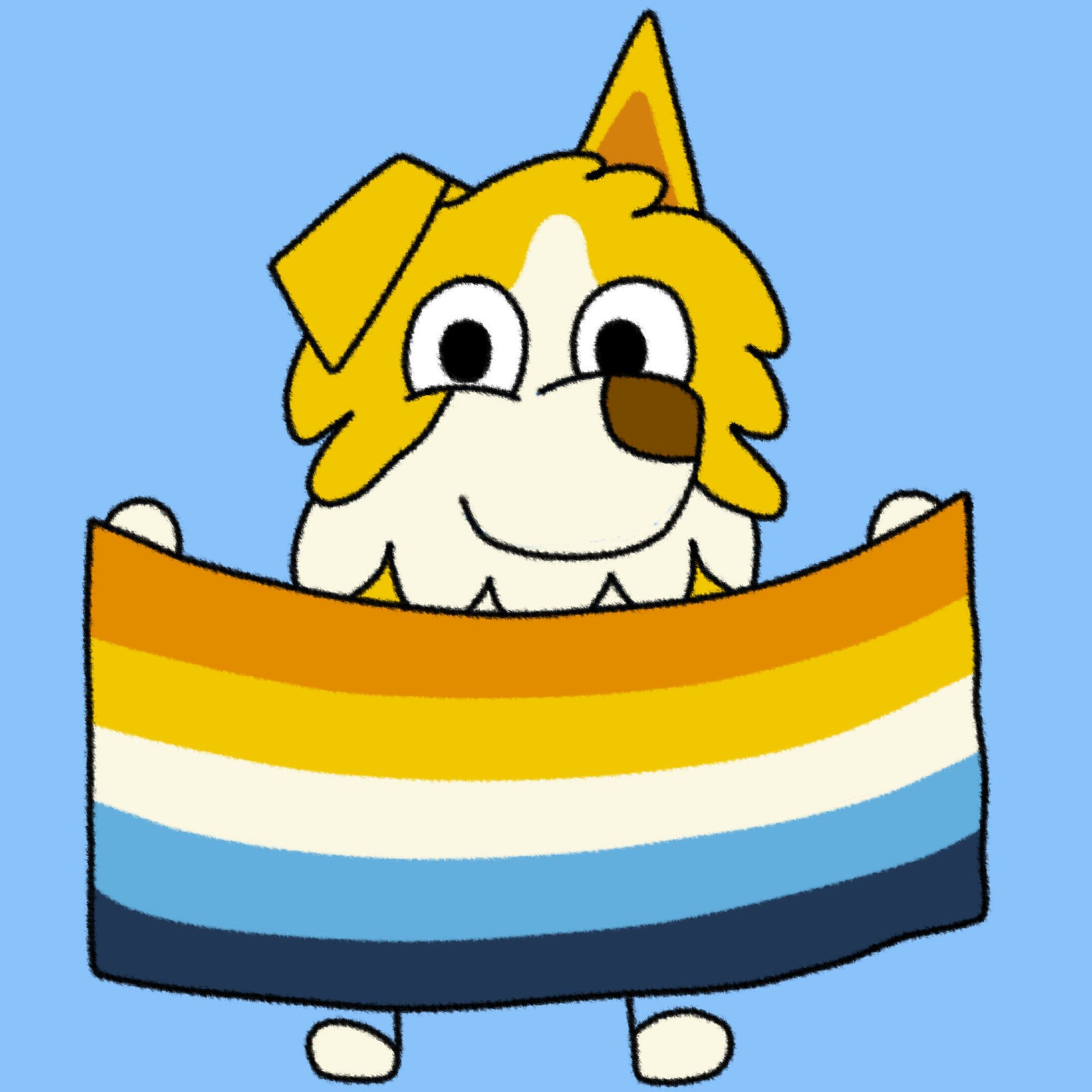 A cartoon dog with yellow and white coloration holding an Aromantic/Asexual pride flag. From top to bottom, the flag has orange, yellow, white, light blue, and dark blue stripes.