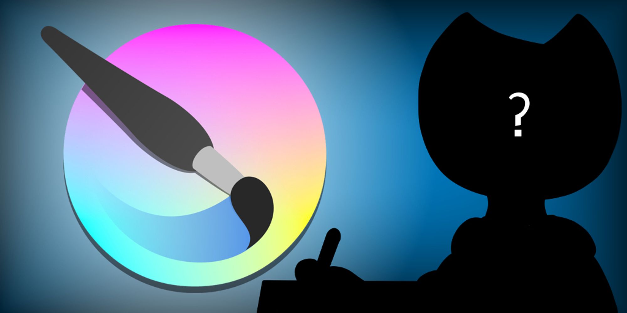 The Krita logo with a silhouette of PJ and a question mark next to it.