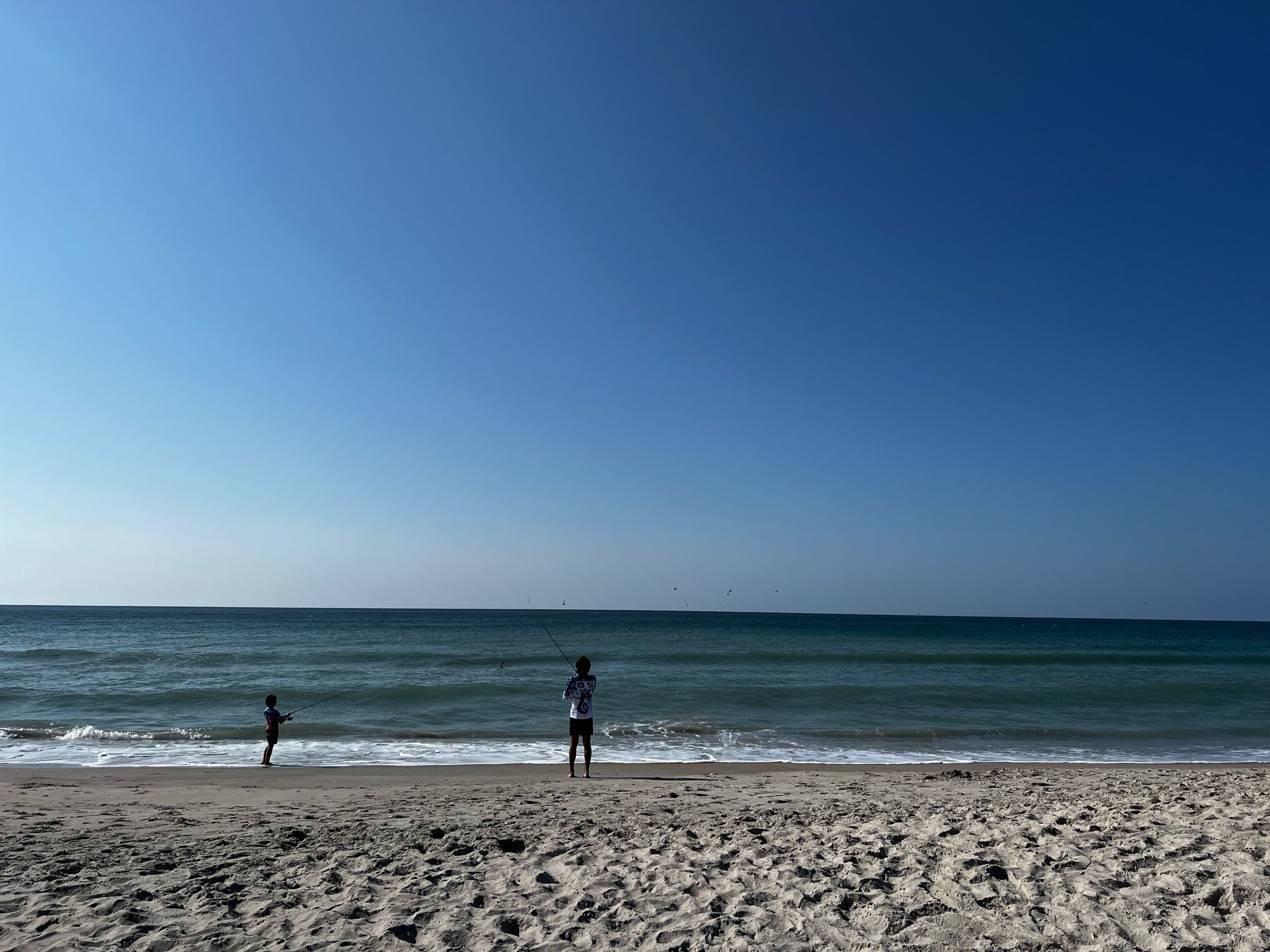 two people fishing on the beach shore