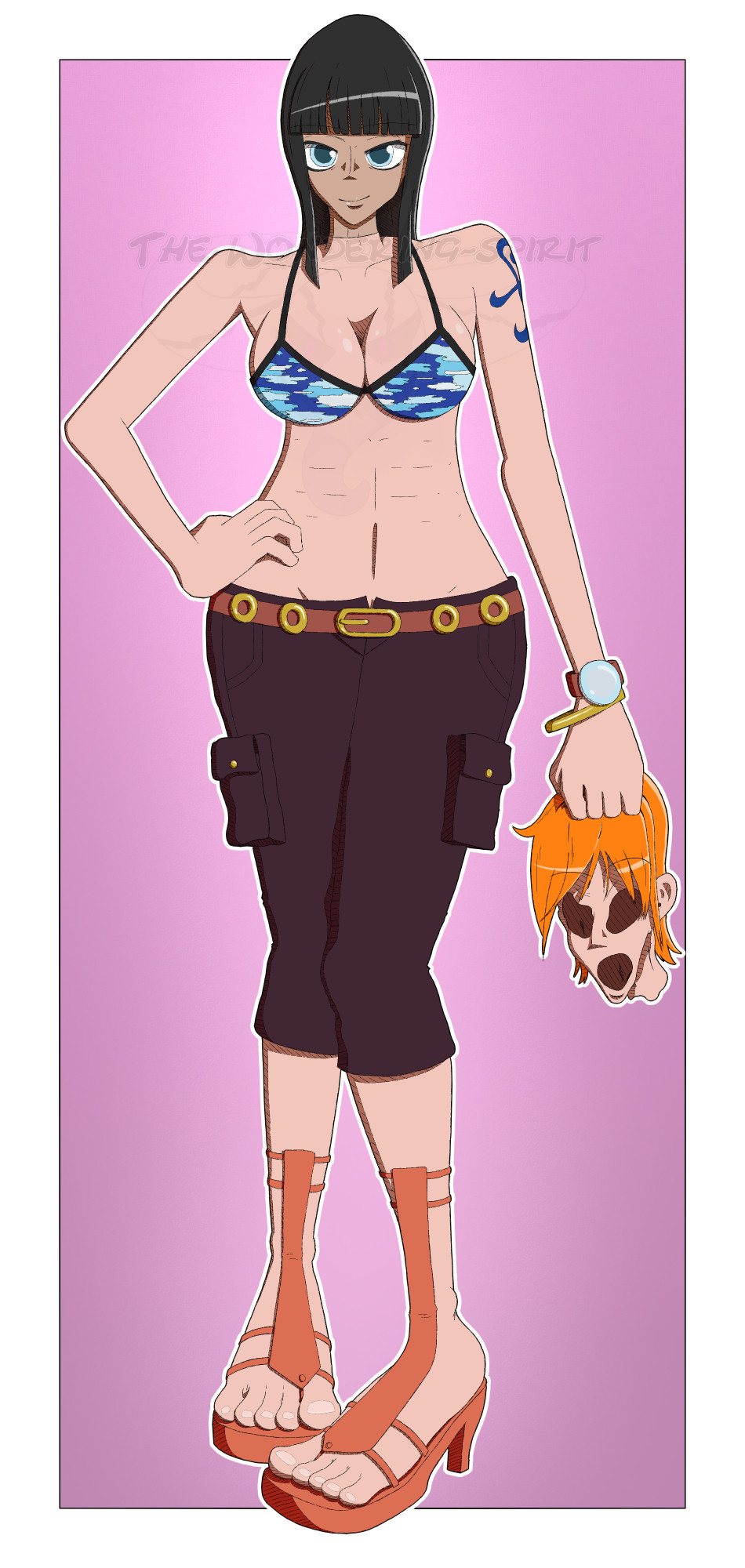 Nico Robin wearing a skinsuit of Nami, Unmasked, in her Skypiea outfit