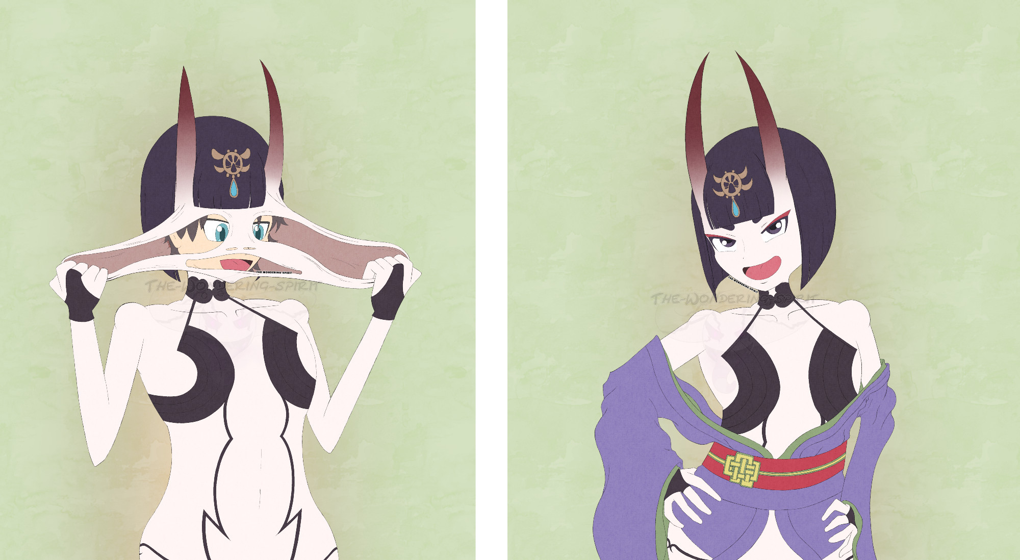 2 panels. The first shows character, Ritsuka from Fate Grand Order, stretching the face of Shuten (from Fate Grand Order) over his own. Wearing her like a costume. Second panel depicts the now fully worn Shuten costume standing with hands on hip with a smug look on their face