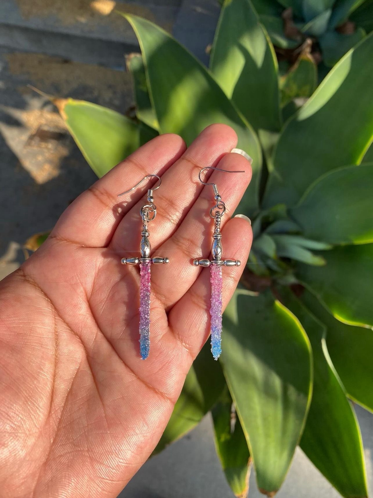 Crystal Sword Earrings matching the Bisexual Pride Flag Colors