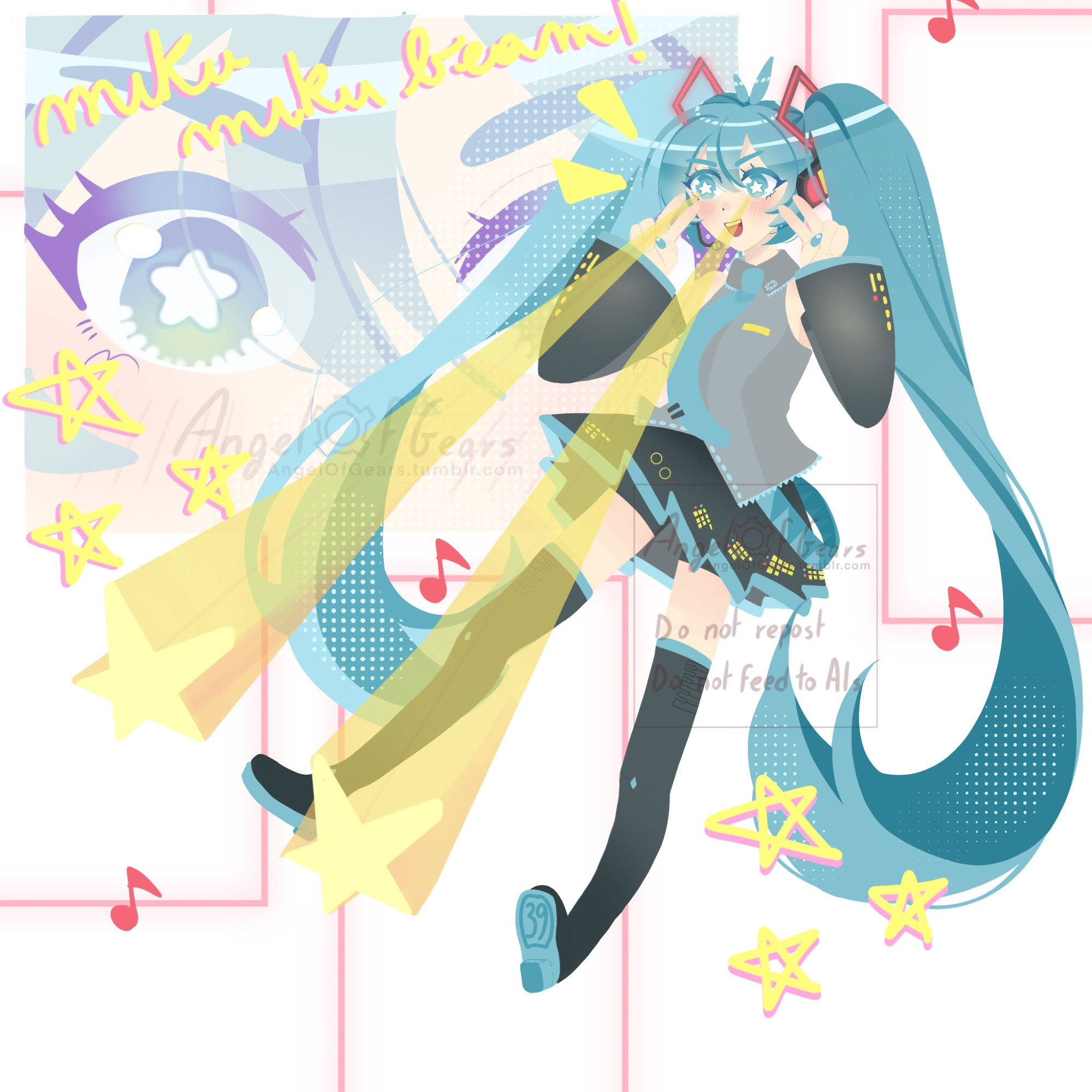 A fanart of Hatsune Miku shooting yellow star beams from her eyes. She wears her classic outfit, and has a cheerful expression on her face. In the background, a zoom-in of her eyes.