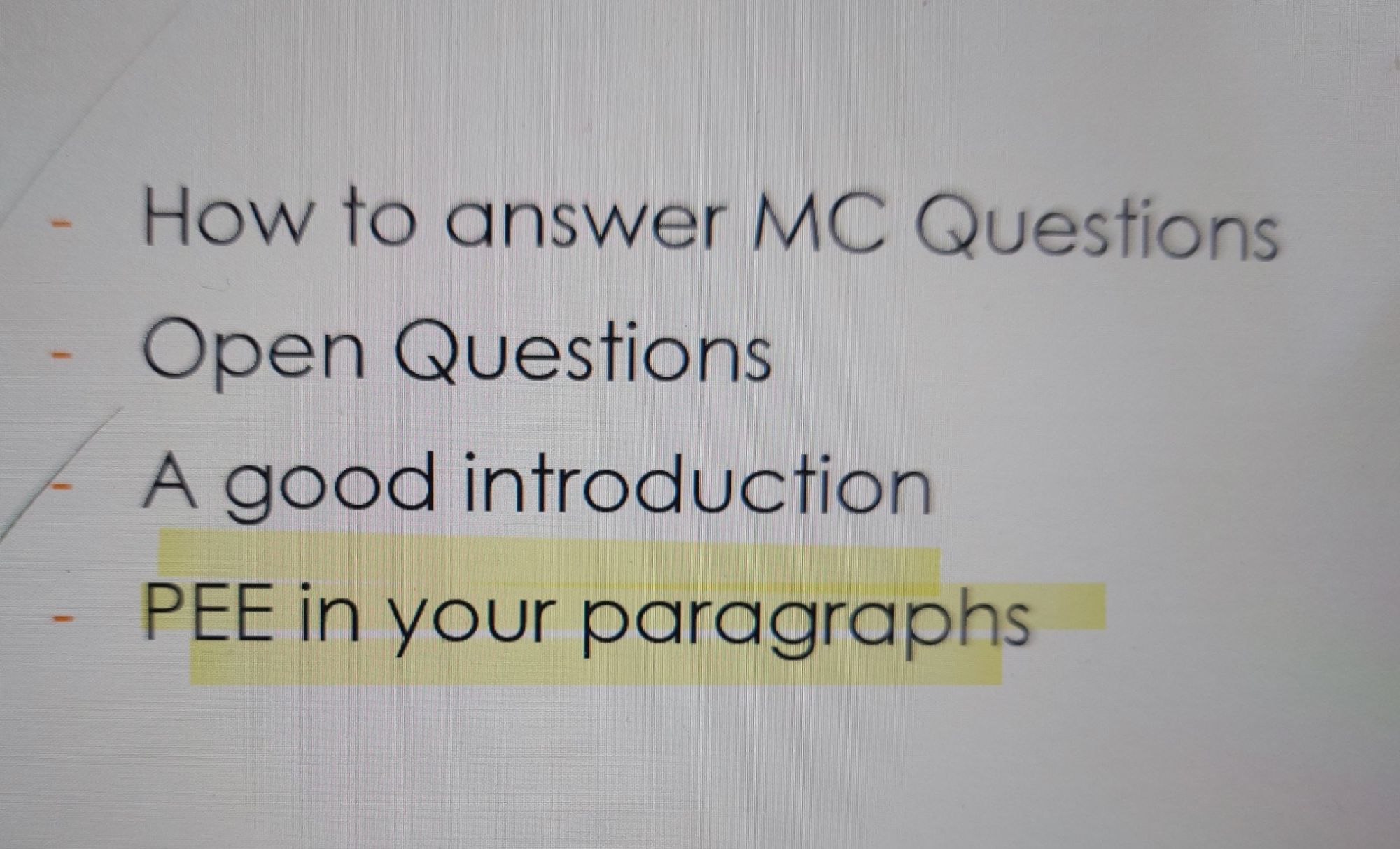 PowerPoint slide including the highlighted sentence 'PEE in your paragraphs'