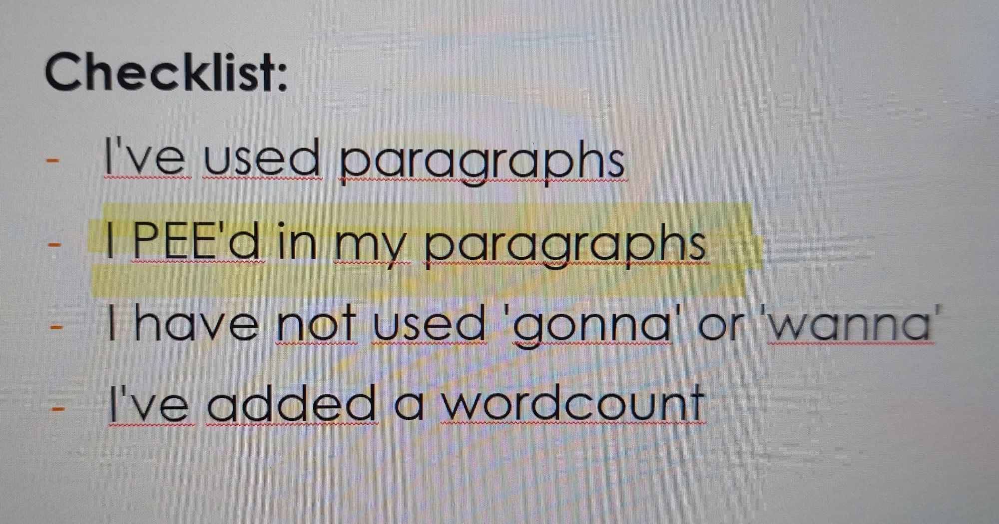 Writing checklist including the highlighted item 'I PEEd in my paragraphs'