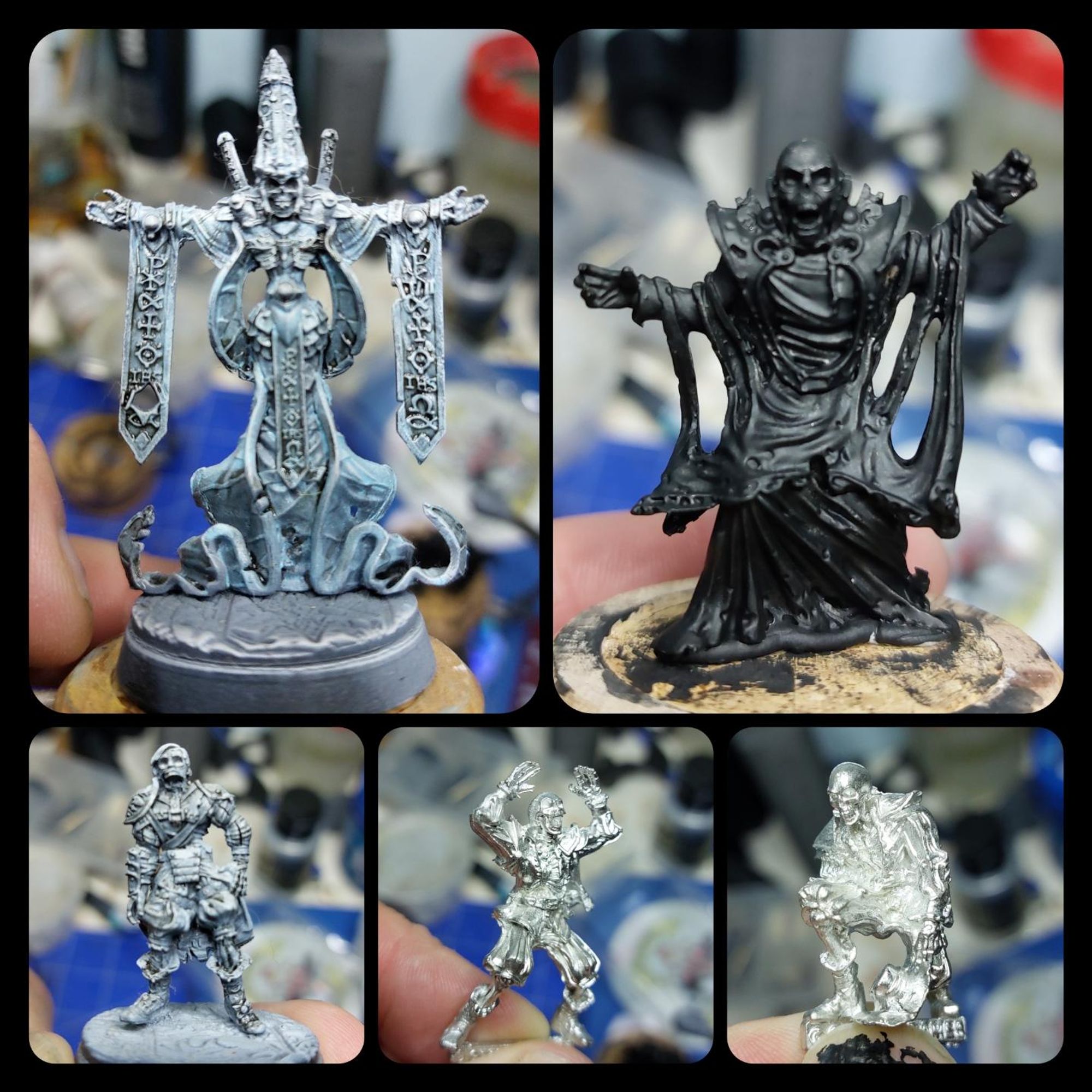 Collage of five greebo un-Renaissance blood bowl models, one massive Bishop-shaped lich King, one very tattered cardinal or Bishop, a rather Shabby zombie, 1 skeleton raising its hands to have an in either frustration or an attempt to scare someone, one skeleton on one knee with it s hat in its hand touching the floor bowing its head in supplication