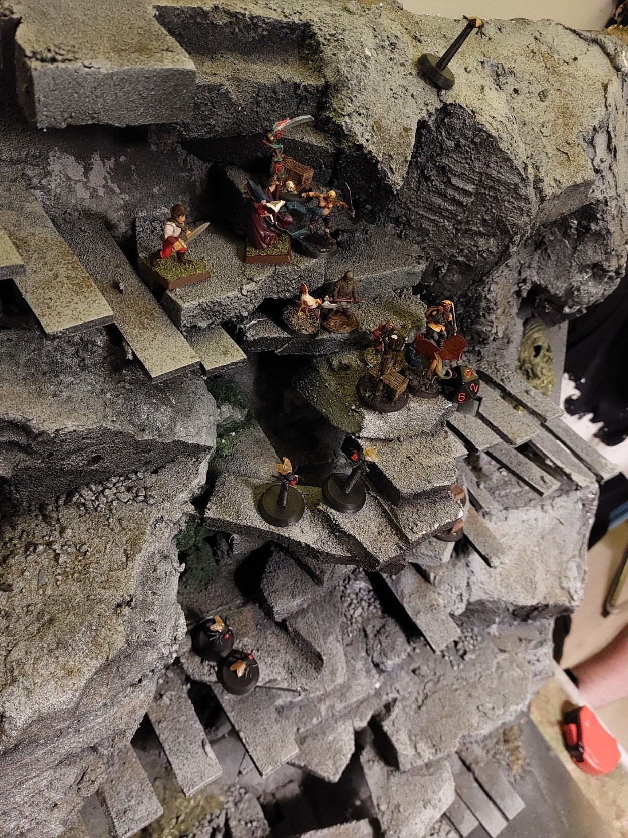 Party of adventurers coming down a giant staircase in a rock wall and meeting a cockatrist and a pile of giant flies 

Giant flies coming from all sides 

At this point in time 1 henchman had already been killed and after this turn 50% were wiped out