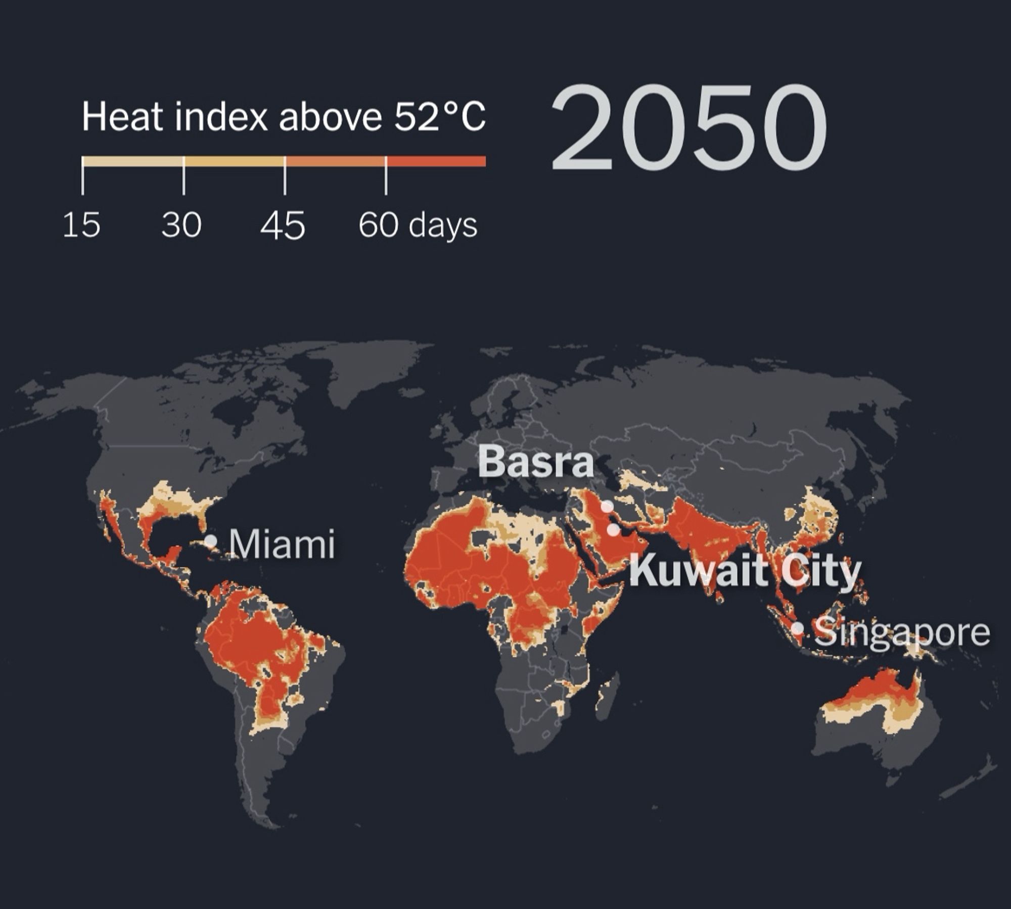 Weltkarte mit Temperaturen jenseits von 52 Grad Celsius im Jahr 2050 aus der New York Times.