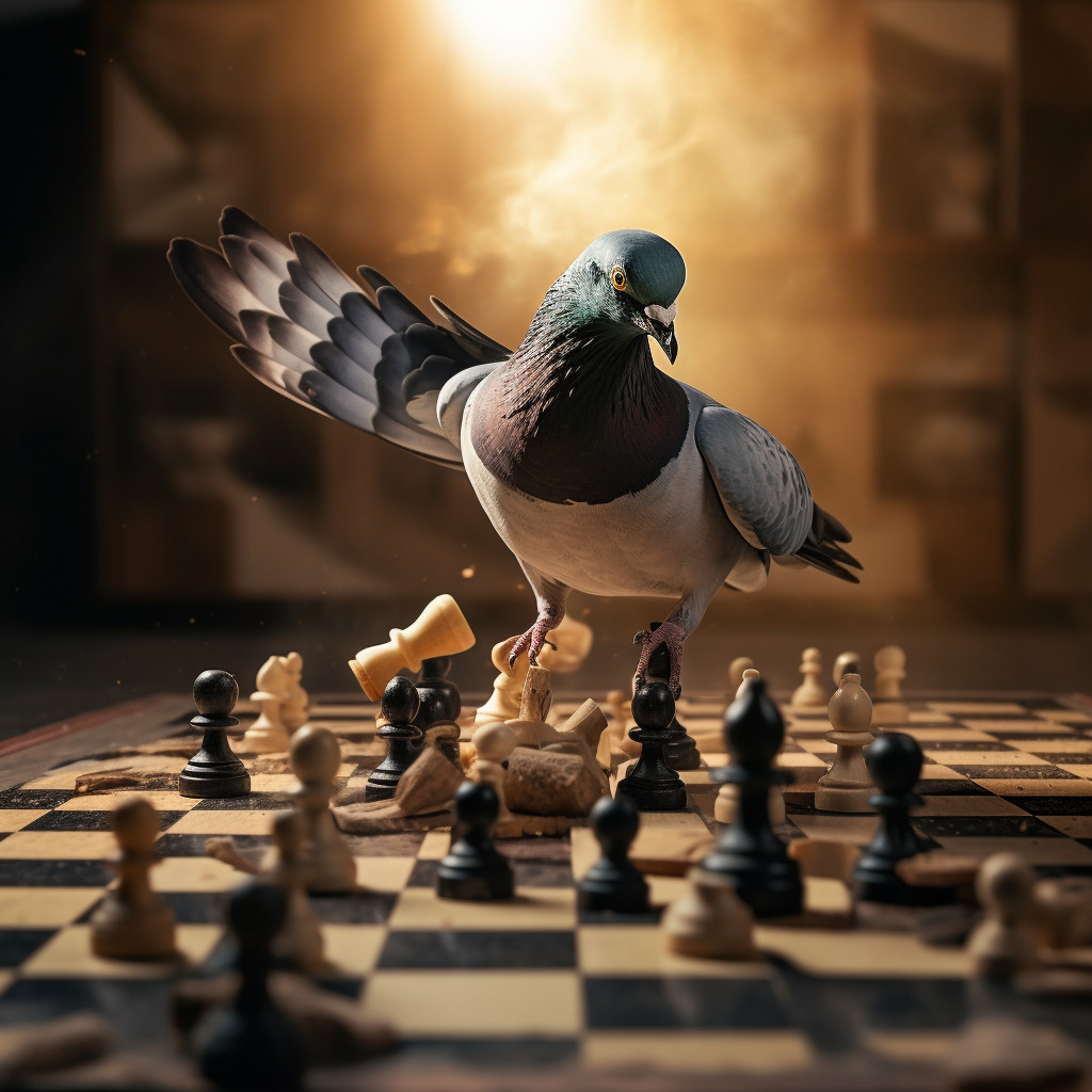 A pigeon is standing on a chess board, knocking over pieces. Midjourney generated AI image.