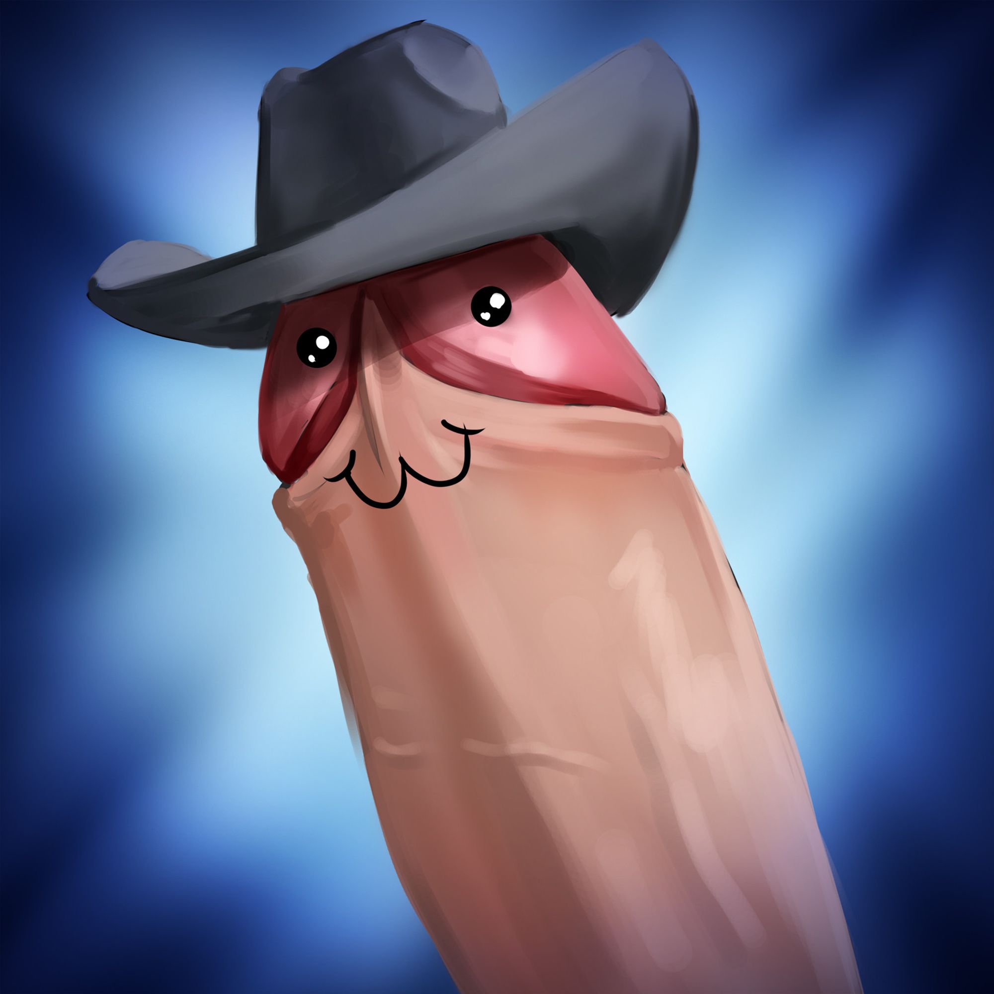 A cute penis with an Uwu face wearing a cowboy hat