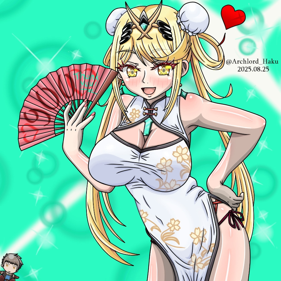 Mythra from Xenoblade Chronicles 2
She wears a Cheongsam and has a special twin ponytail as new hairstyle.
In her right hand she has an open fan with the motives of a 900, 'Thank you!', and two hearts.
With her left hand she supports herself on her hip.
Lil' Rex has sneaked into the picture again, too.
